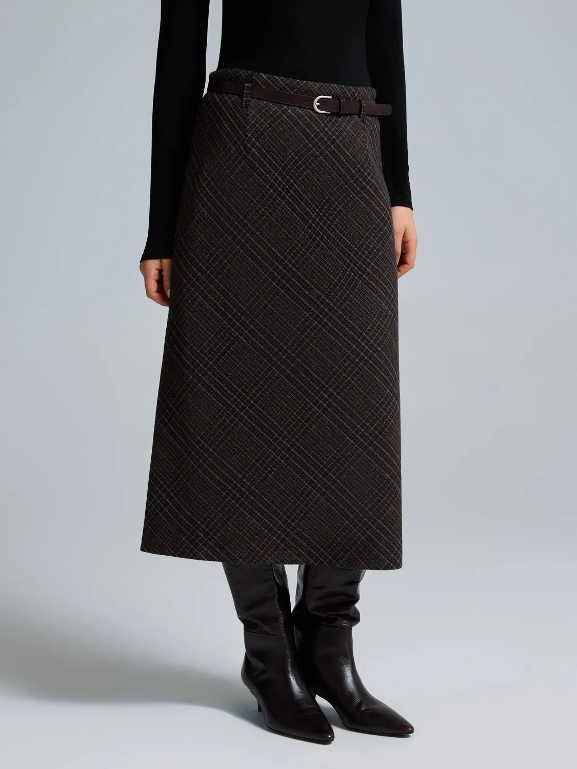 Midi Plaid Skirt Embossed Detail