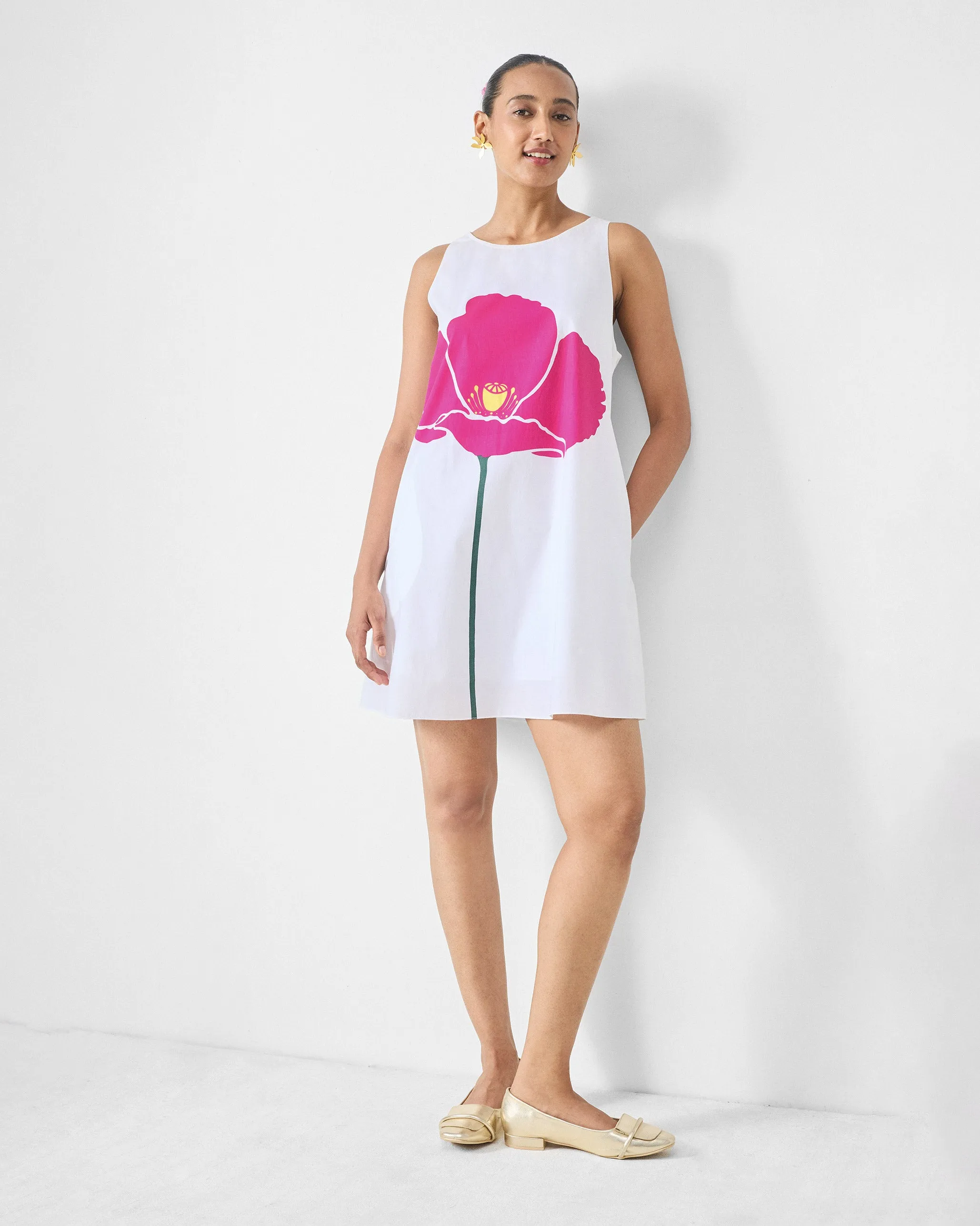 Fold-Over-Detail Short Racerback Dress - White & Fuchsia