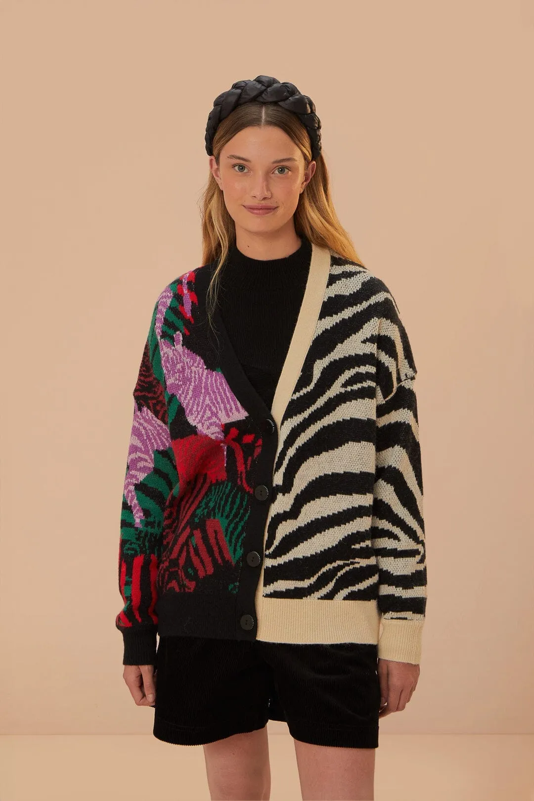 Circular Knit Design Colorfast Clothing Mixed Zebra Prints Knit Cardigan