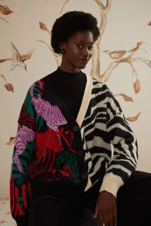 Mixed Zebra Prints Knit Cardigan Warm Outfit Walk In Park