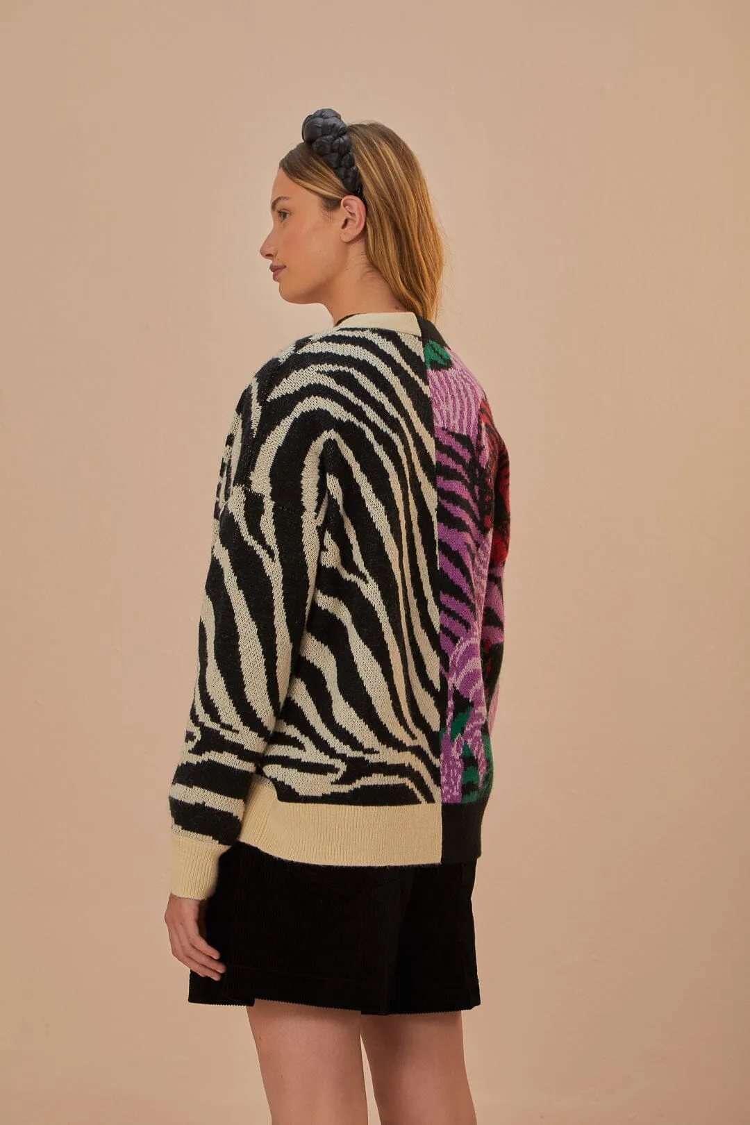 Mixed Zebra Prints Knit Cardigan Lightweight Jersey Material Seam Free Edges