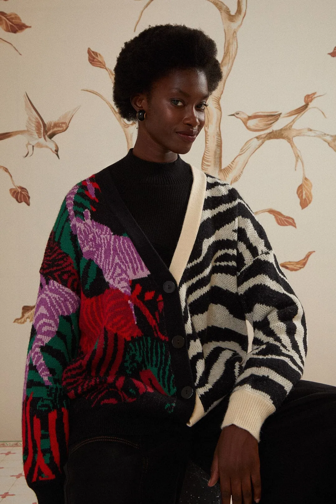 Mixed Zebra Prints Knit Cardigan Warm Outfit Walk In Park