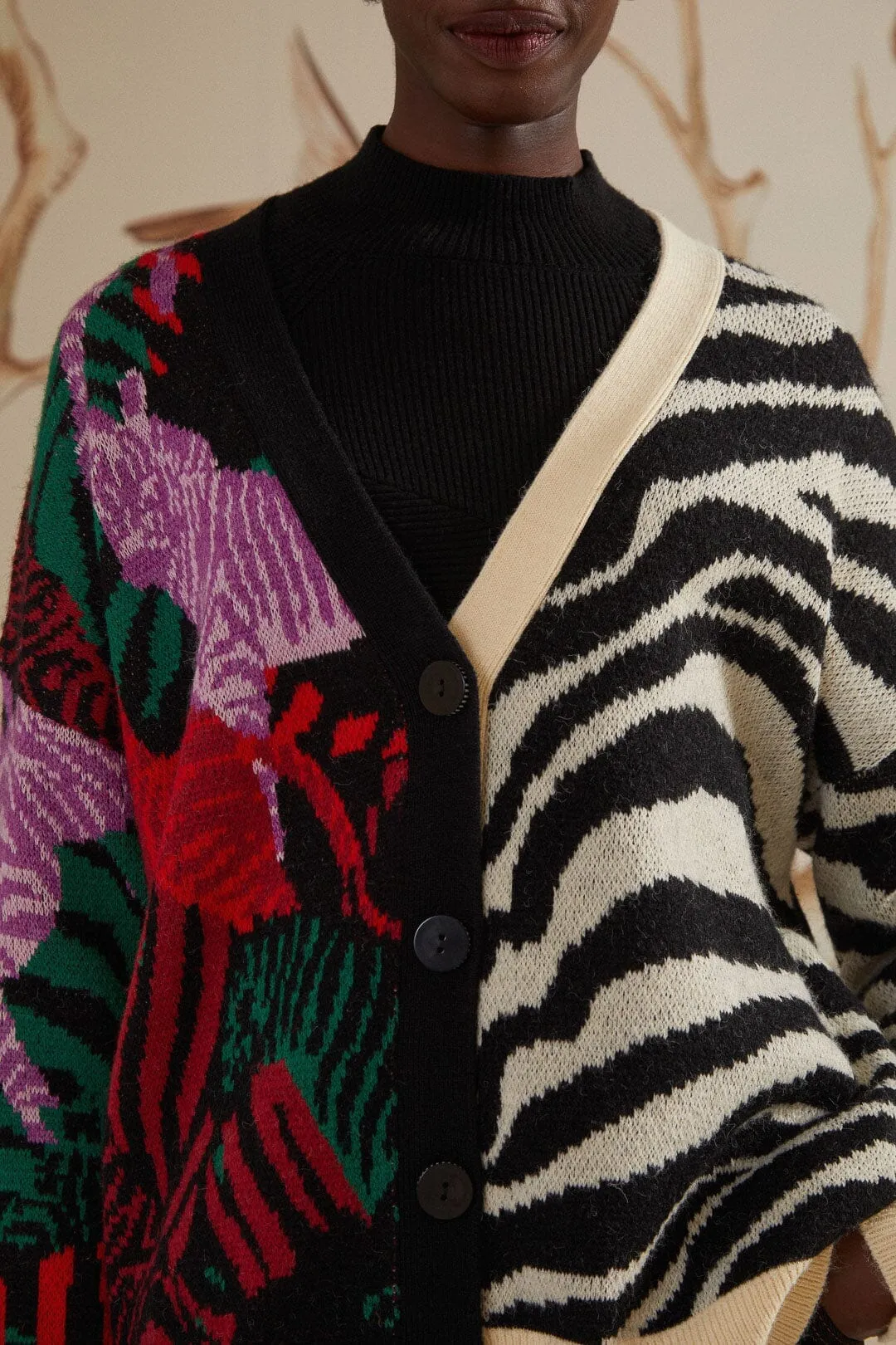 Eco Friendly Yarn Lived In Mixed Zebra Prints Knit Cardigan