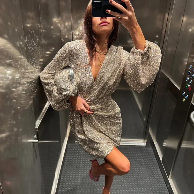 Soft Colorway Silver Sequin Mini Vienna Wrap Dress
