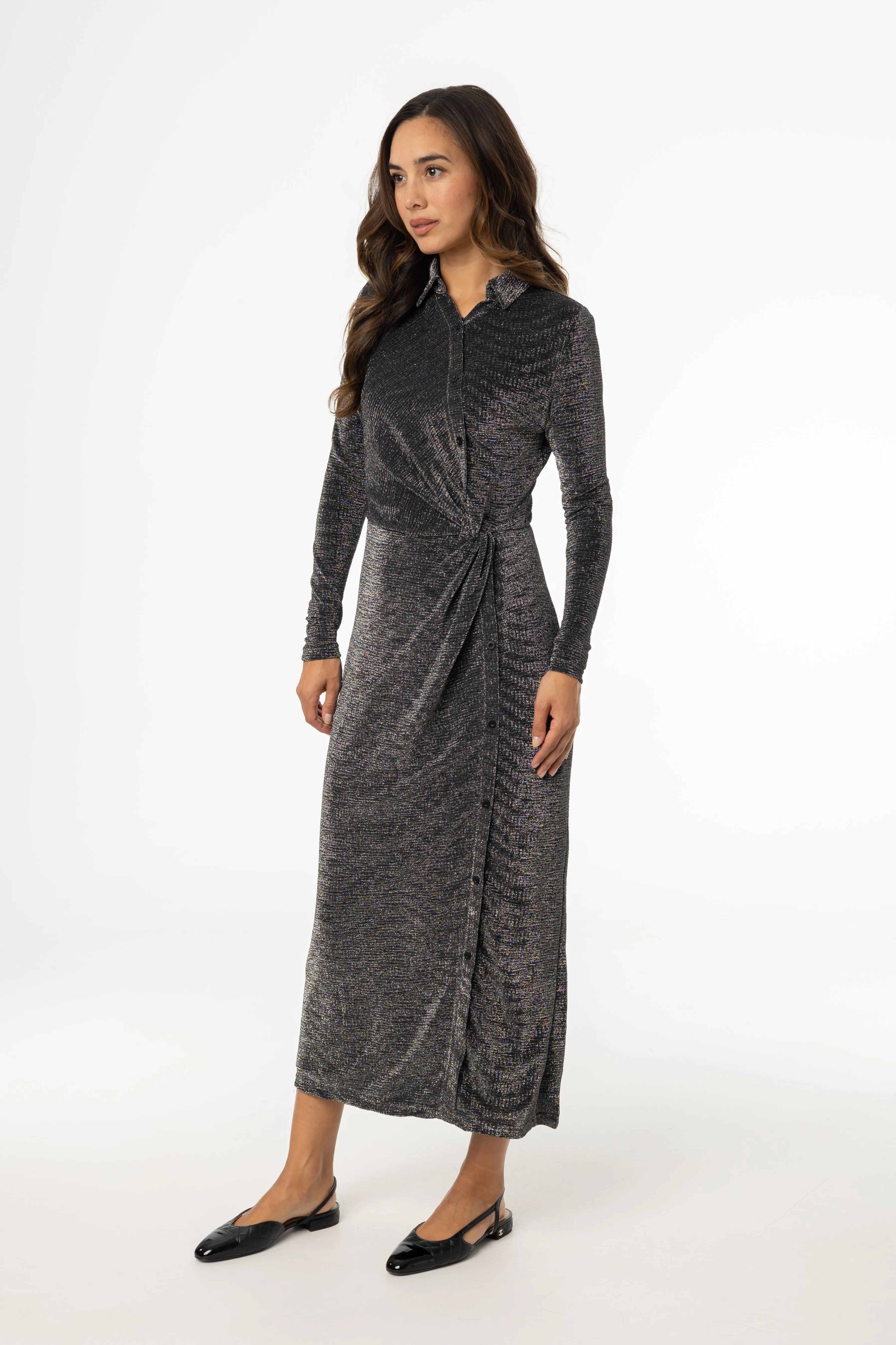 Silver Sparkle Side Button Maxi Dress Elegant Fabric