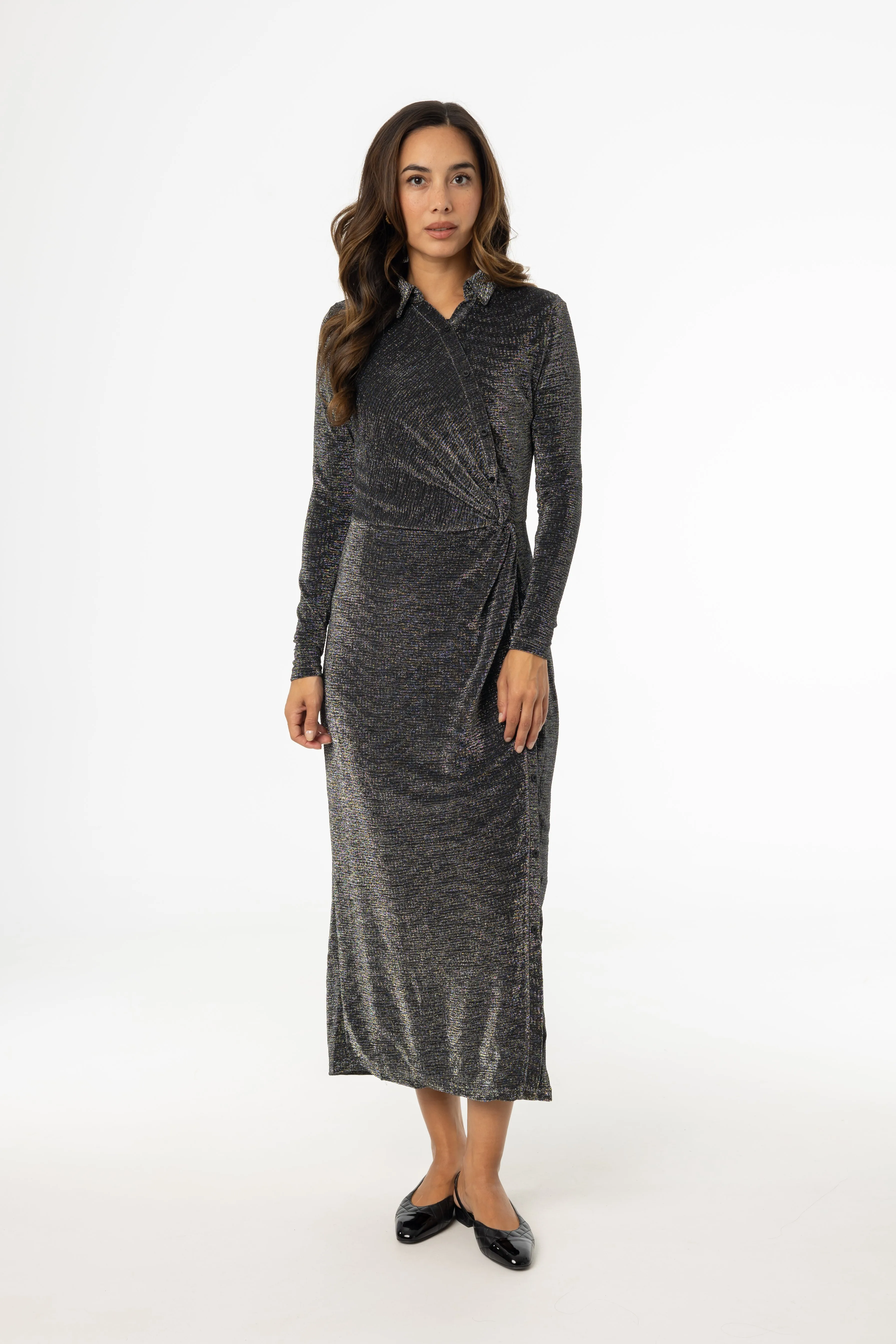 Silver Sparkle Side Button Maxi Dress Snap-Closure Effortless Vibe