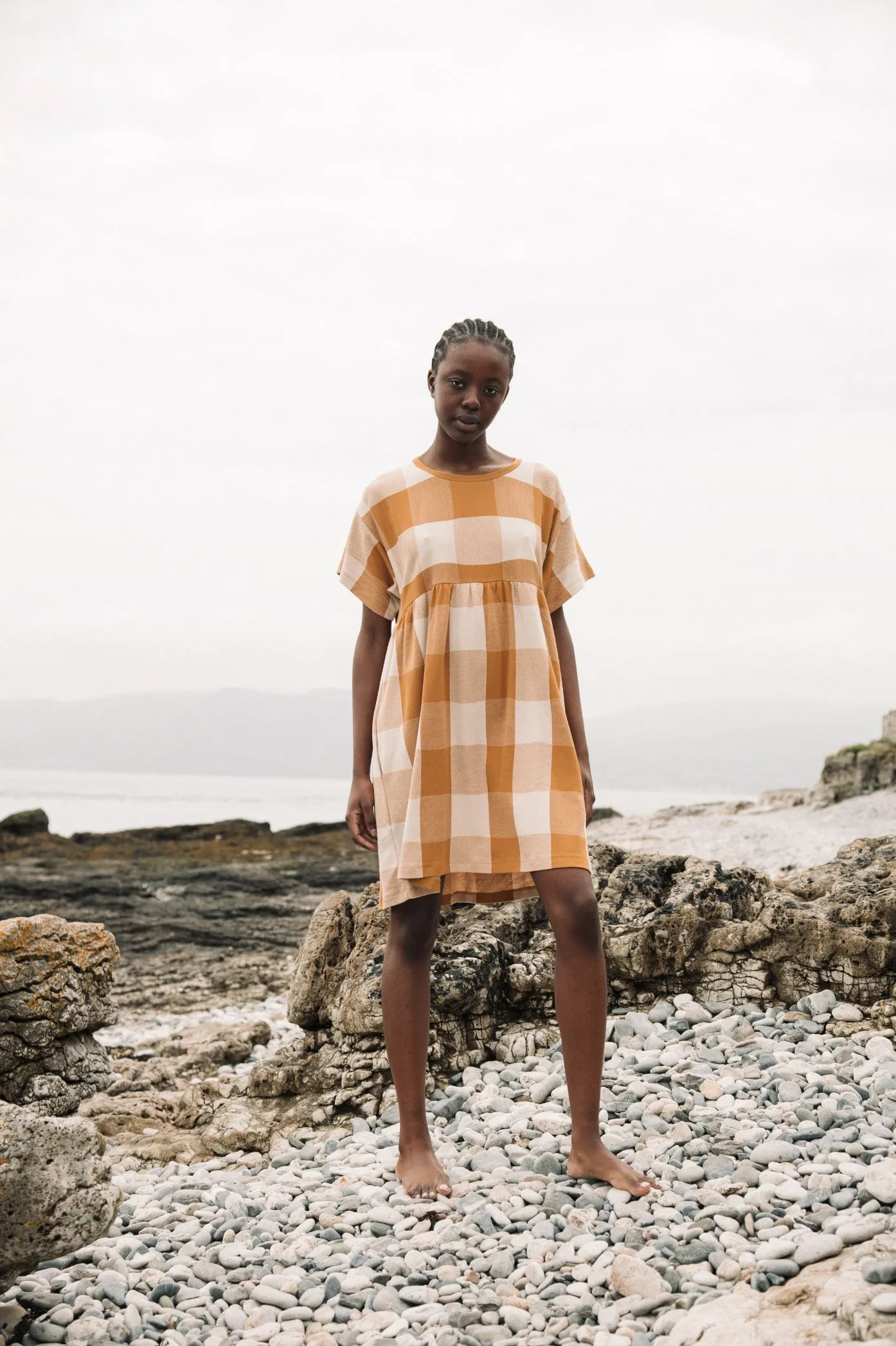 Lois-Cay Organic Cotton Dress in Ecru and Golden Tan Evening Tone