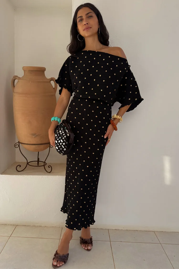 Flare Swing Fresh Glow Black Tilly Plisse Dress with Gold Fleck