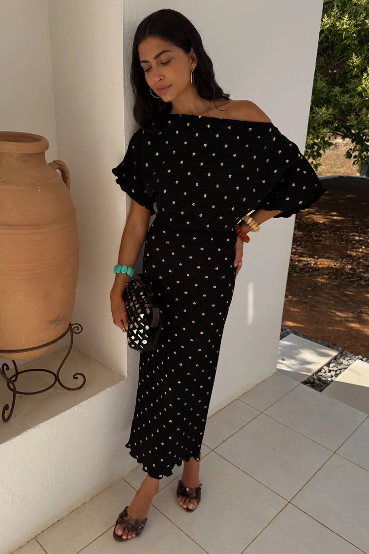 Black Tilly Plisse Dress with Gold Fleck Travel Ready Front-Slit