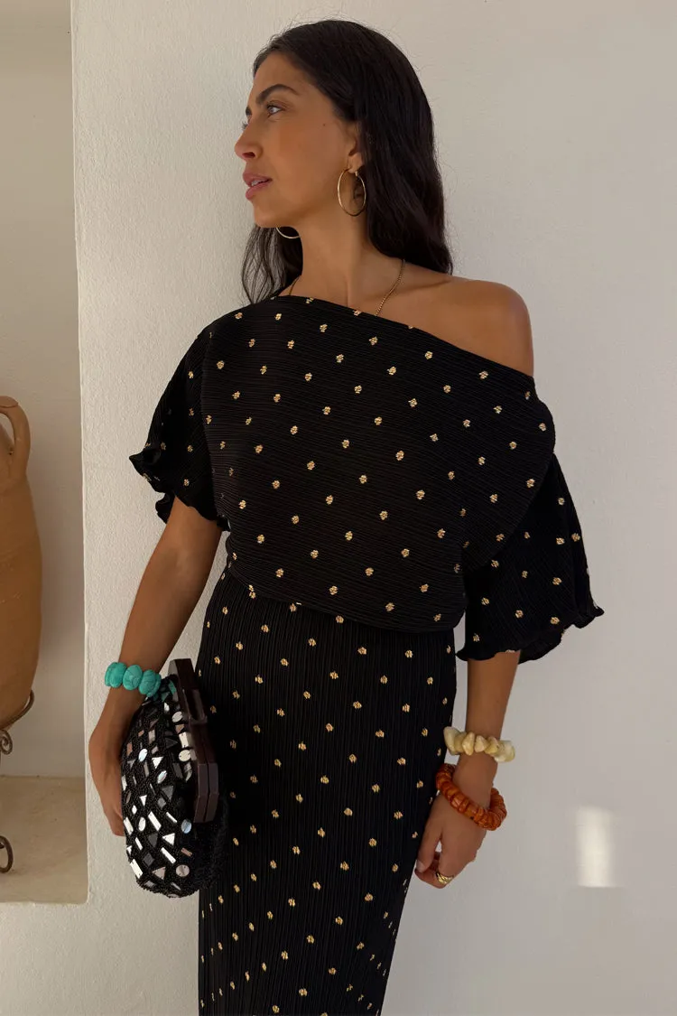 Black Tilly Plisse Dress with Gold Fleck Korean Mood Subtle design