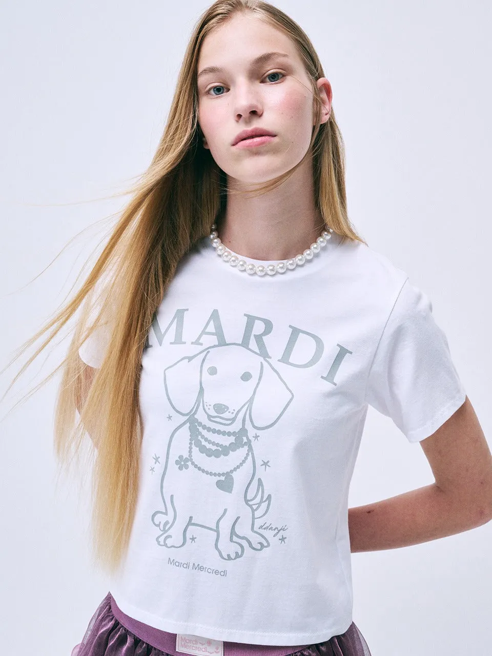 SLIM TSHIRT SWING THE TAIL DDANJI PEARL NECKLACE_WHITE LIGHTGREY Breathable Stretch