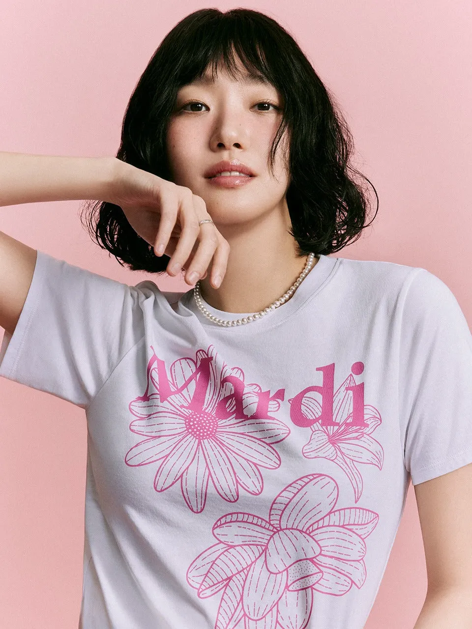 Thermoregulating Fabric Sleek Performance Wear SLIM TSHIRT TRIPLE FLOWER_WHITE PINK