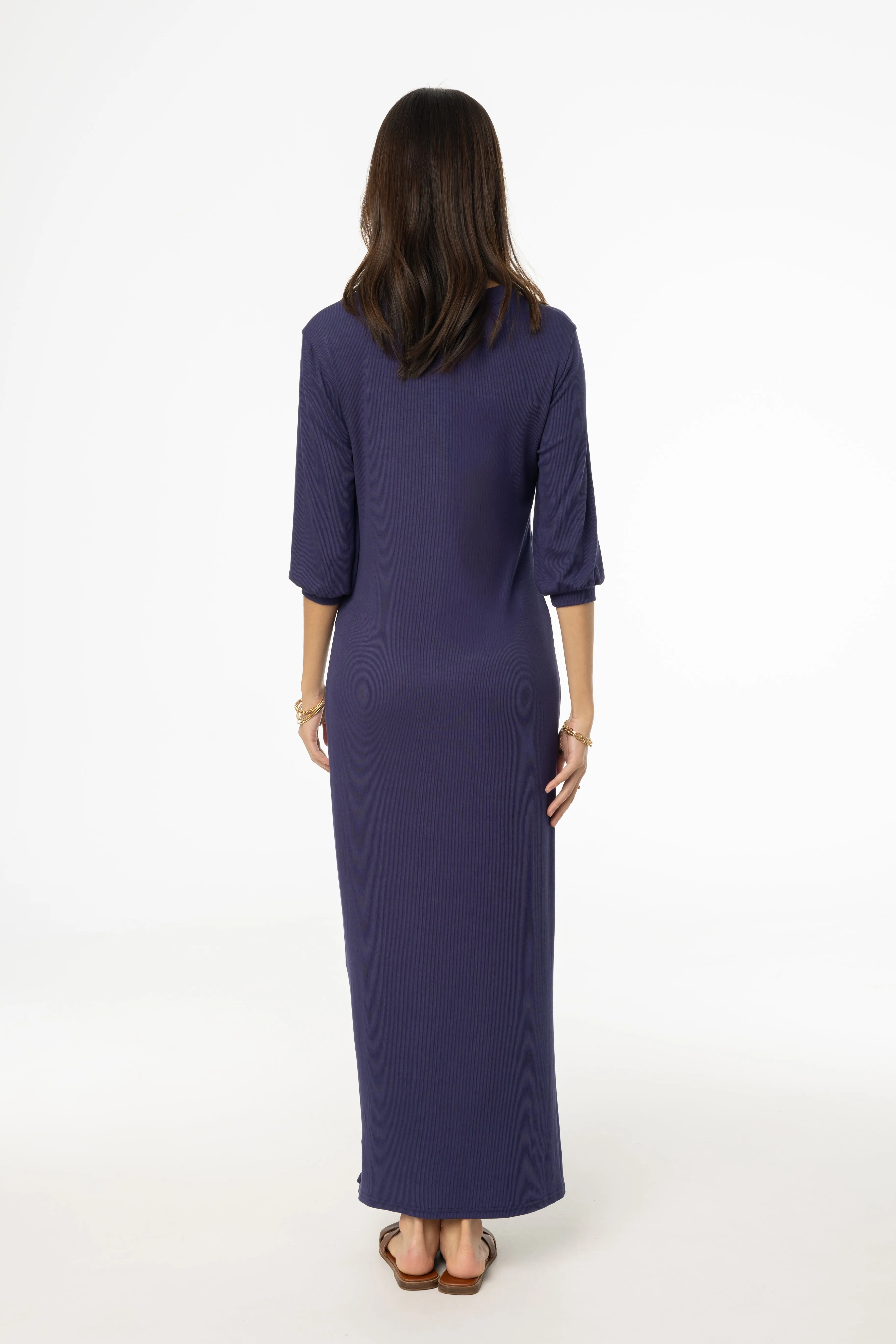 Stylish Waistband Design Navy 3/4 Sleeve Maxi Dress