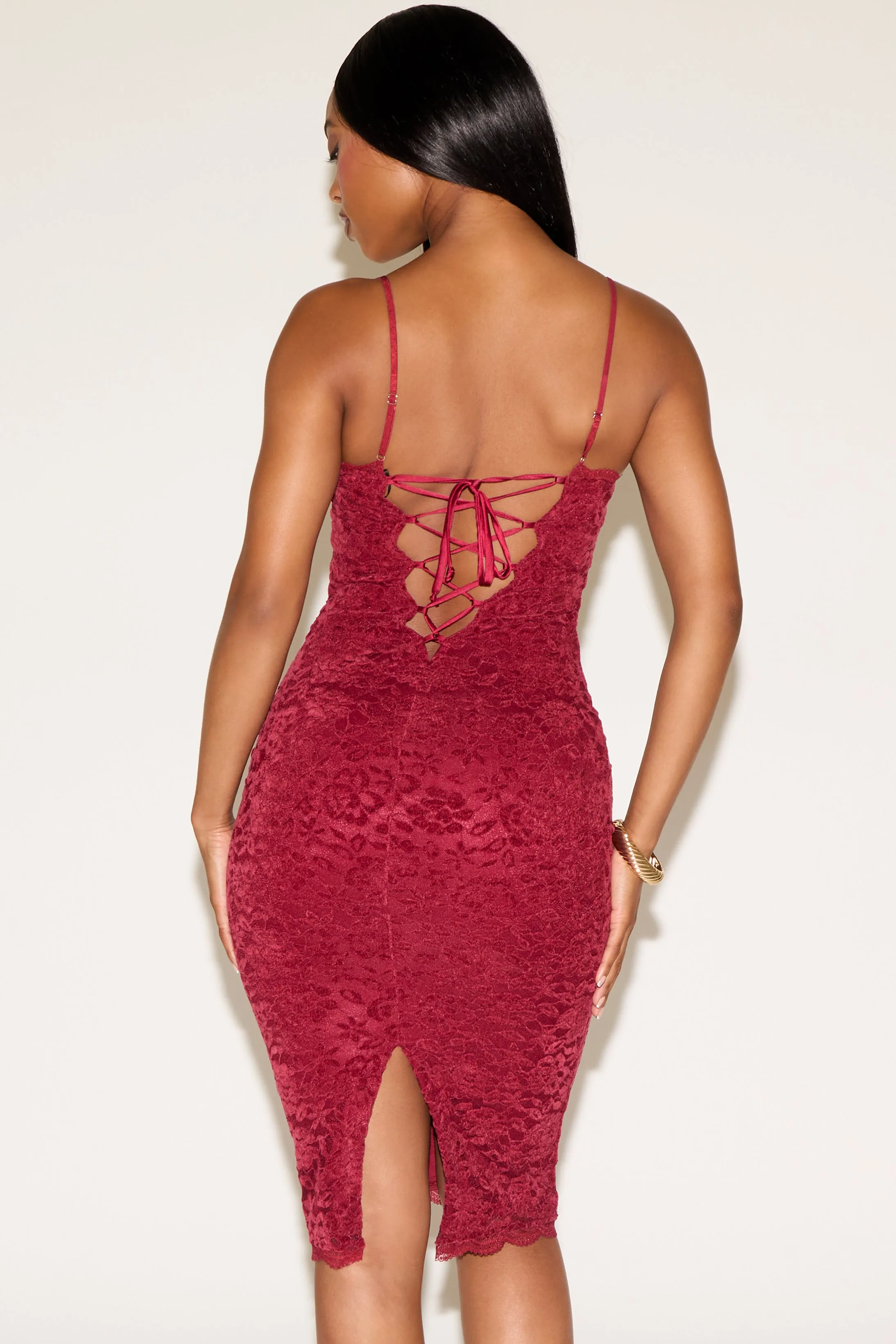 LACE OVERLAY VELVET LINING SLEEVELESS MIDI DRESS Smooth-Lining