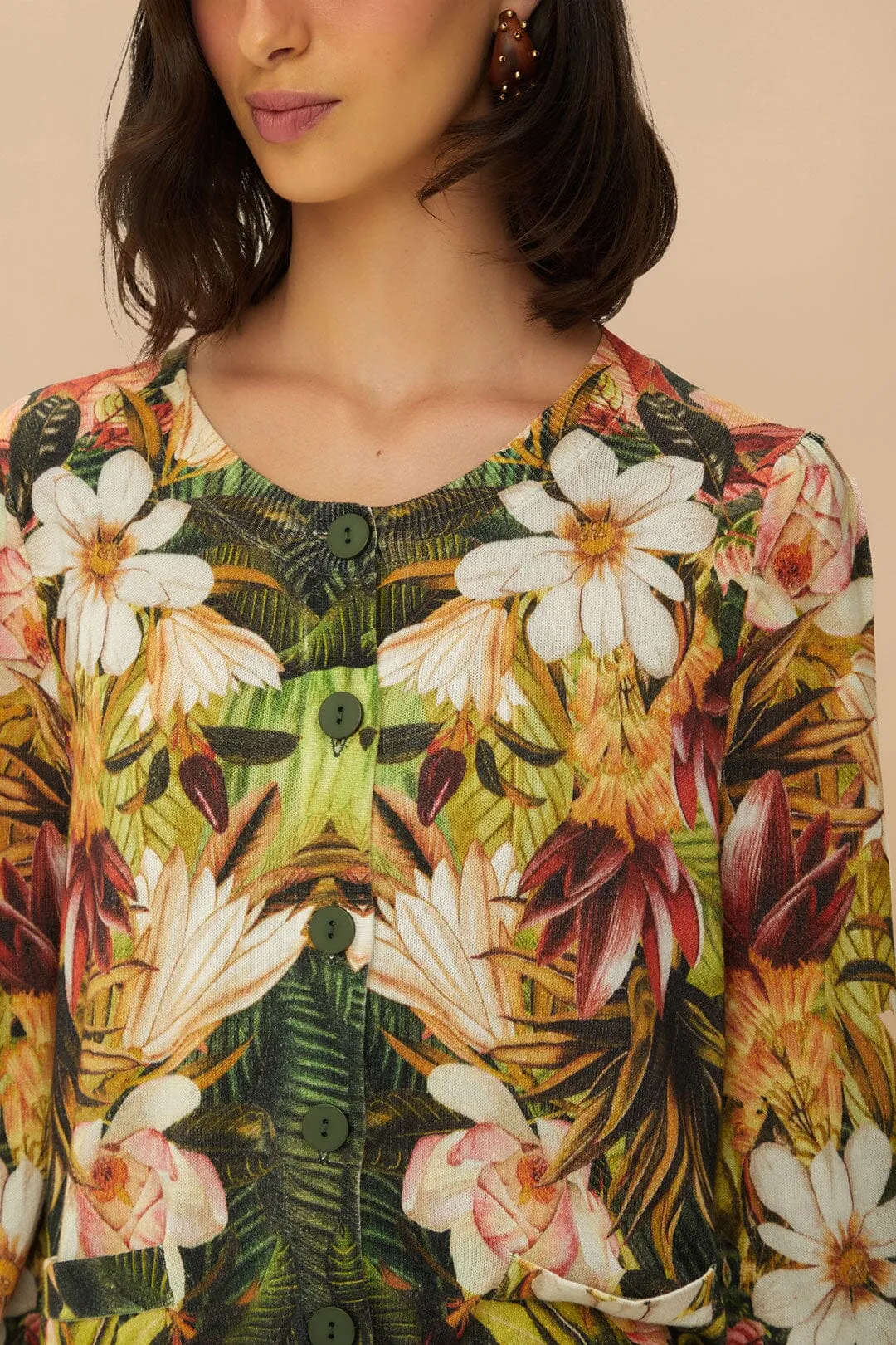 Turtleneck Variation Multicolor Botanical Forest Knit Cardigan