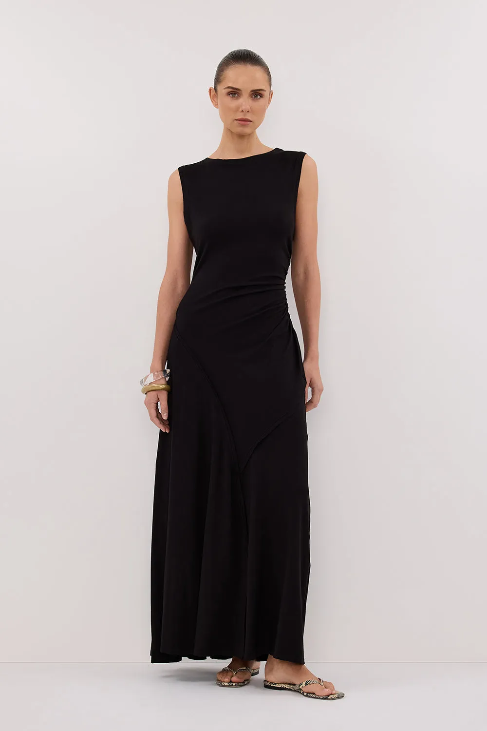 Glossy Detail Flexible Comfort HADLEY BLACK SLEEVELESS KNIT MAXI DRESS