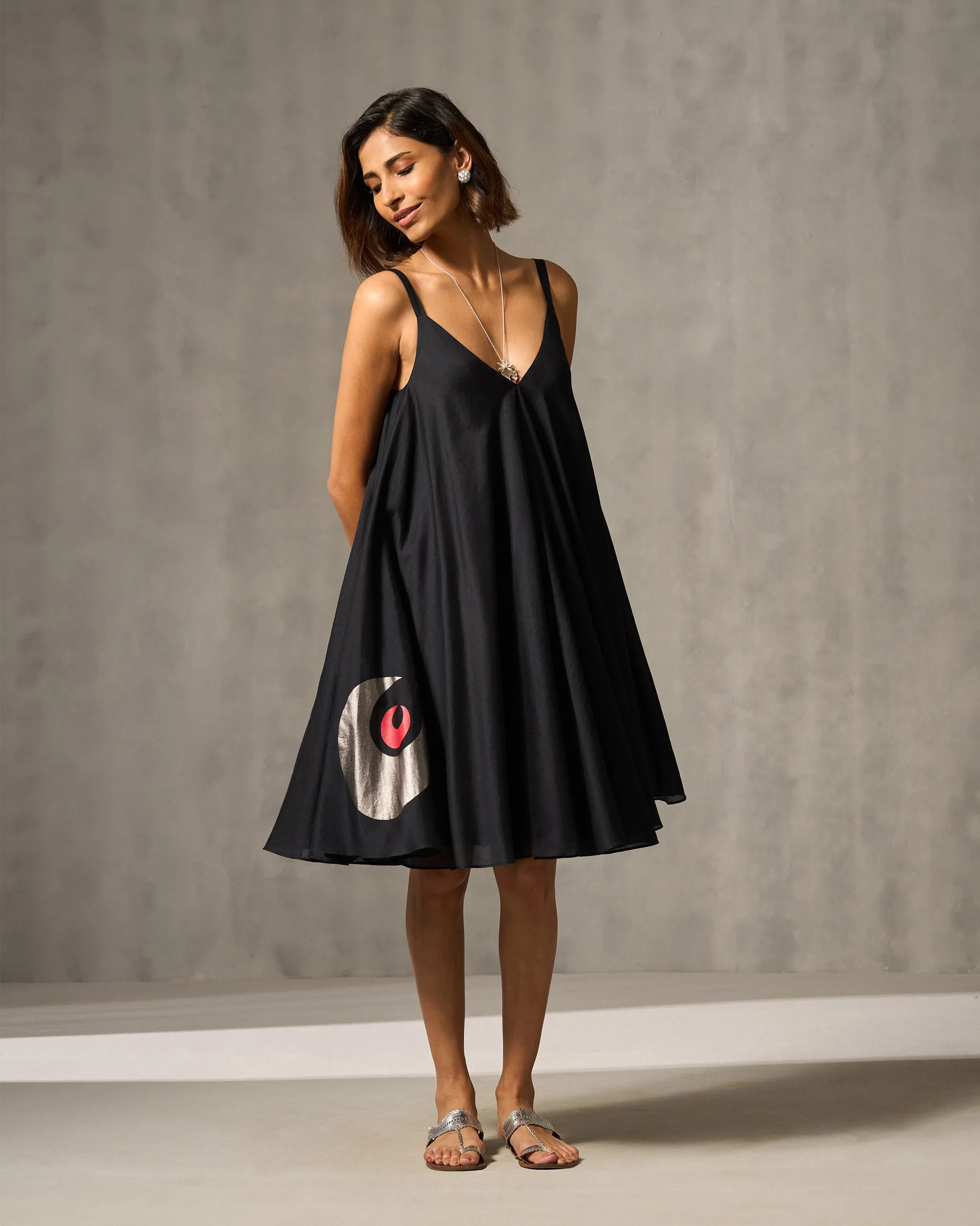 Bright bold dress Beach Moment Berber Strappy Dress - Black & Foil Print