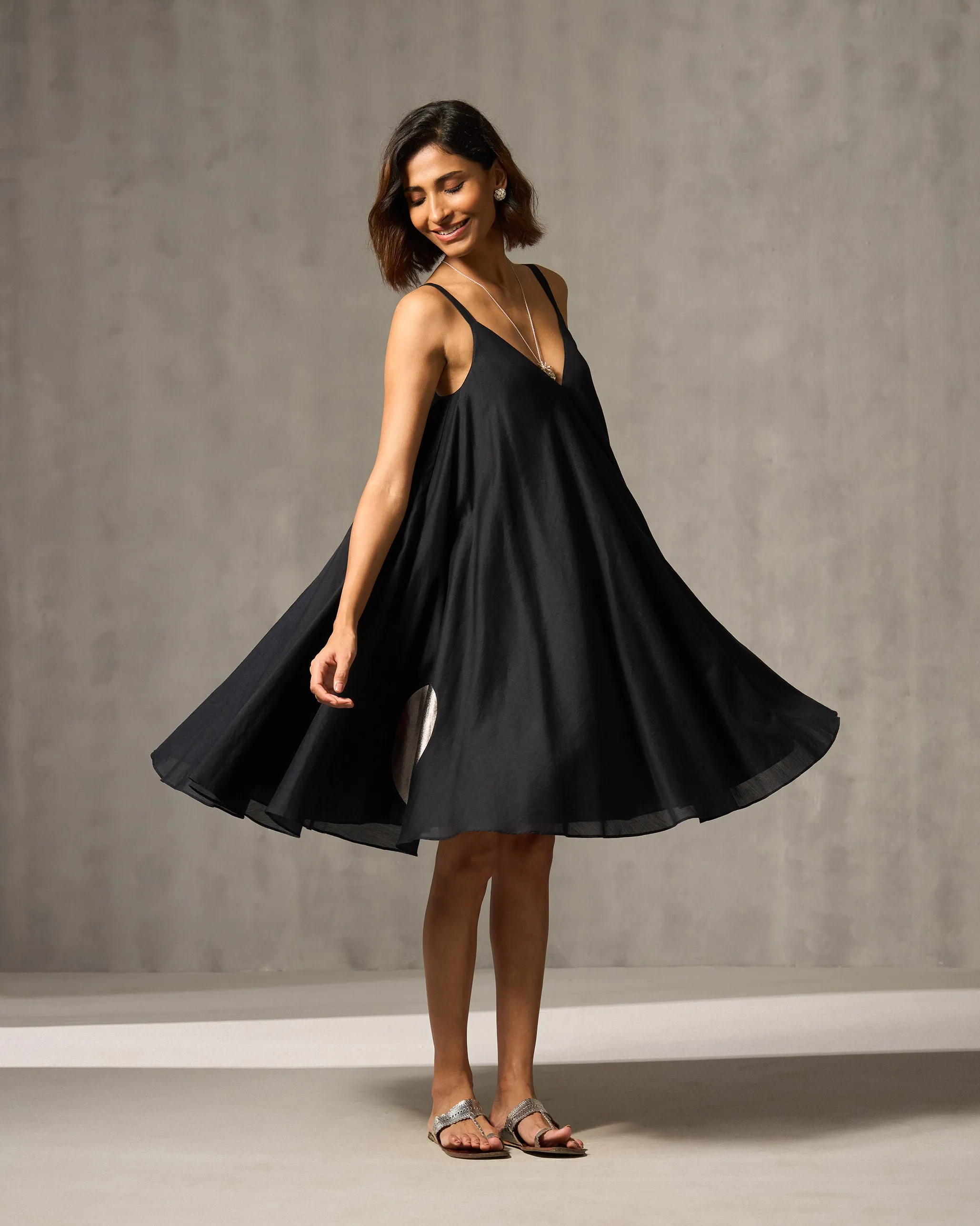 Luxury-Fabric Warm Undertone Berber Strappy Dress - Black & Foil Print