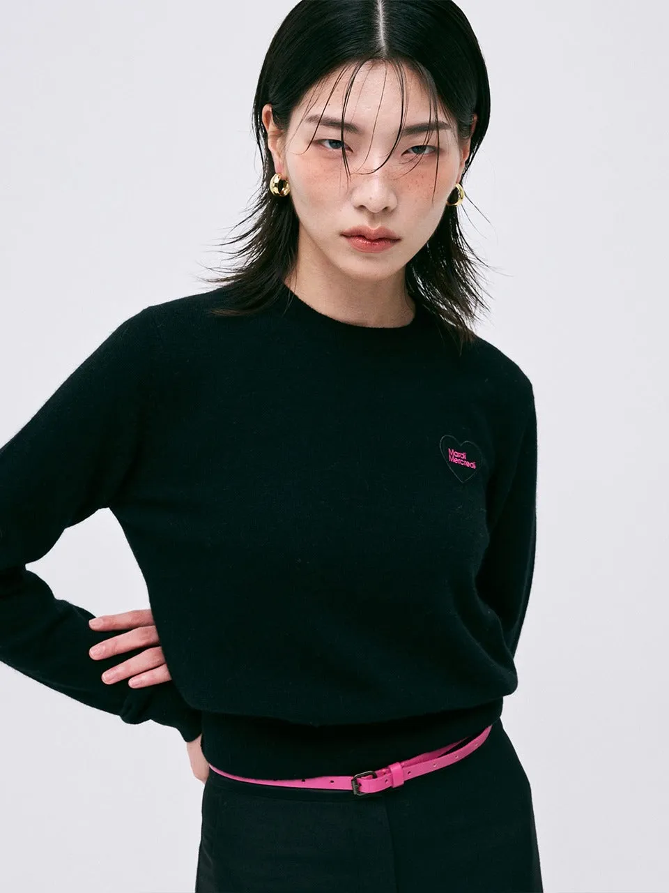 Simple Casual Style RACCOON BLENDED ROUND NECK HEART LOGO_BLACK