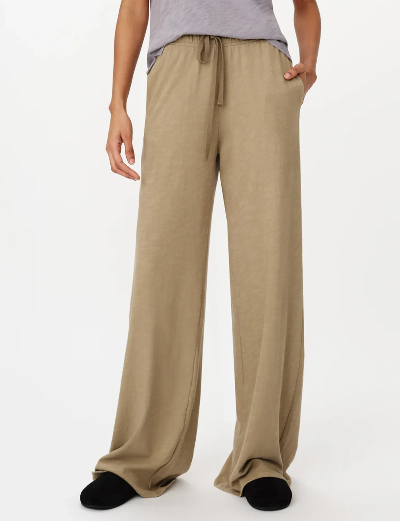 Clean Cut Hidden pockets Heavy Slub Jersey Wide Leg Pant, Faded Army