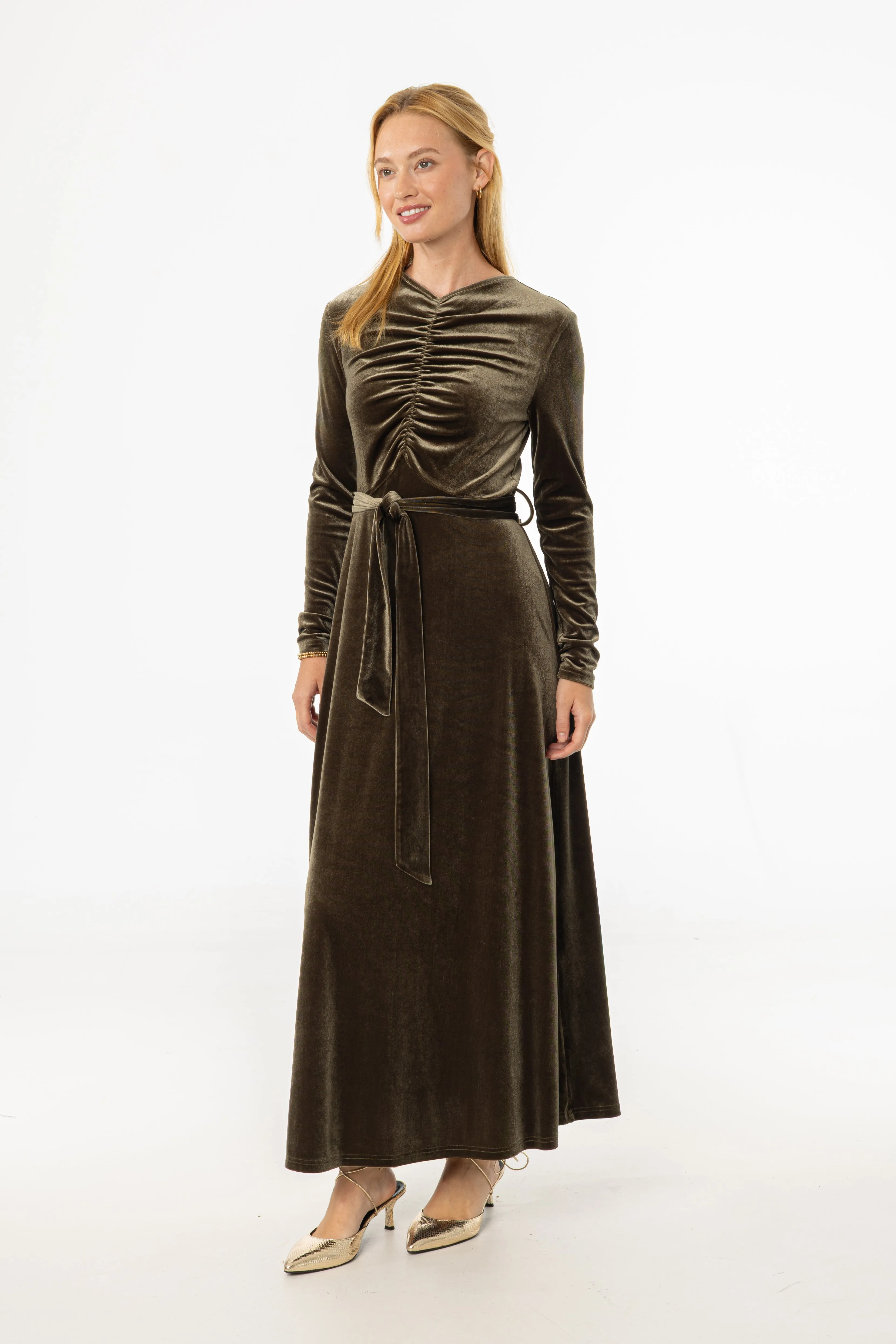 Olive Ruched Velour Maxi Dress Polished Cut