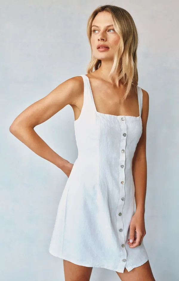 Square Neck Button Front Mini Dress FlatlockSeam Statement-Piece