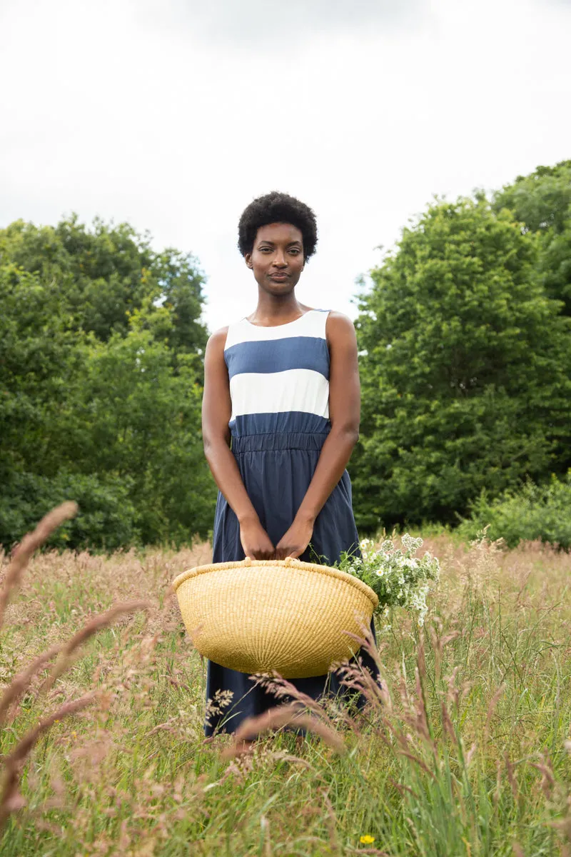 Flexible Waist Cece-Sue Organic Cotton Dress in Midnight and White Bold Stripe