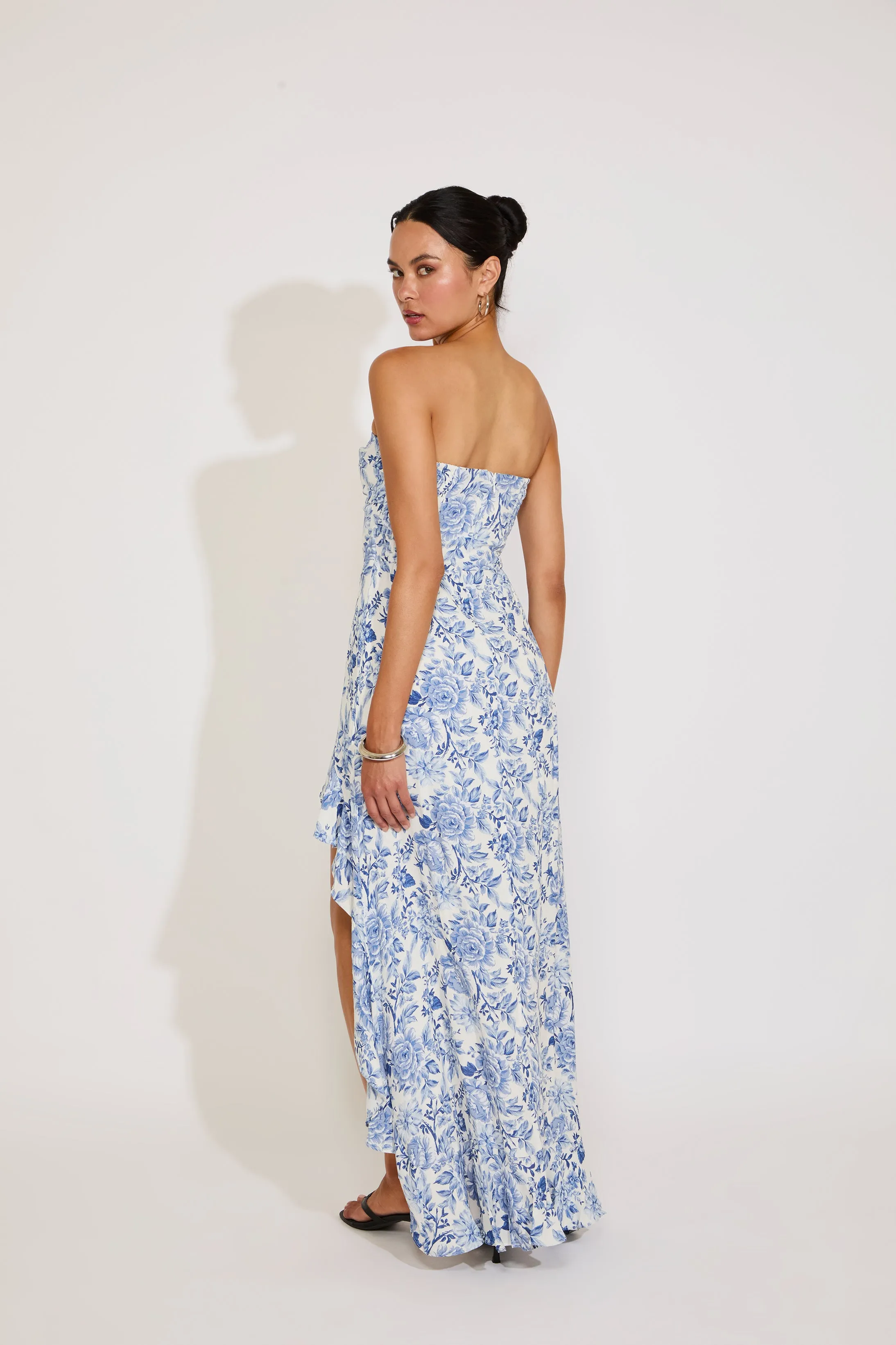 STRAPLESS FLORAL PRINT HI-LO RUFFLE HEM DRESS Bare Arm Soft cotton dress