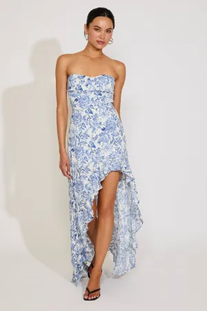 Festival Mood STRAPLESS FLORAL PRINT HI-LO RUFFLE HEM DRESS