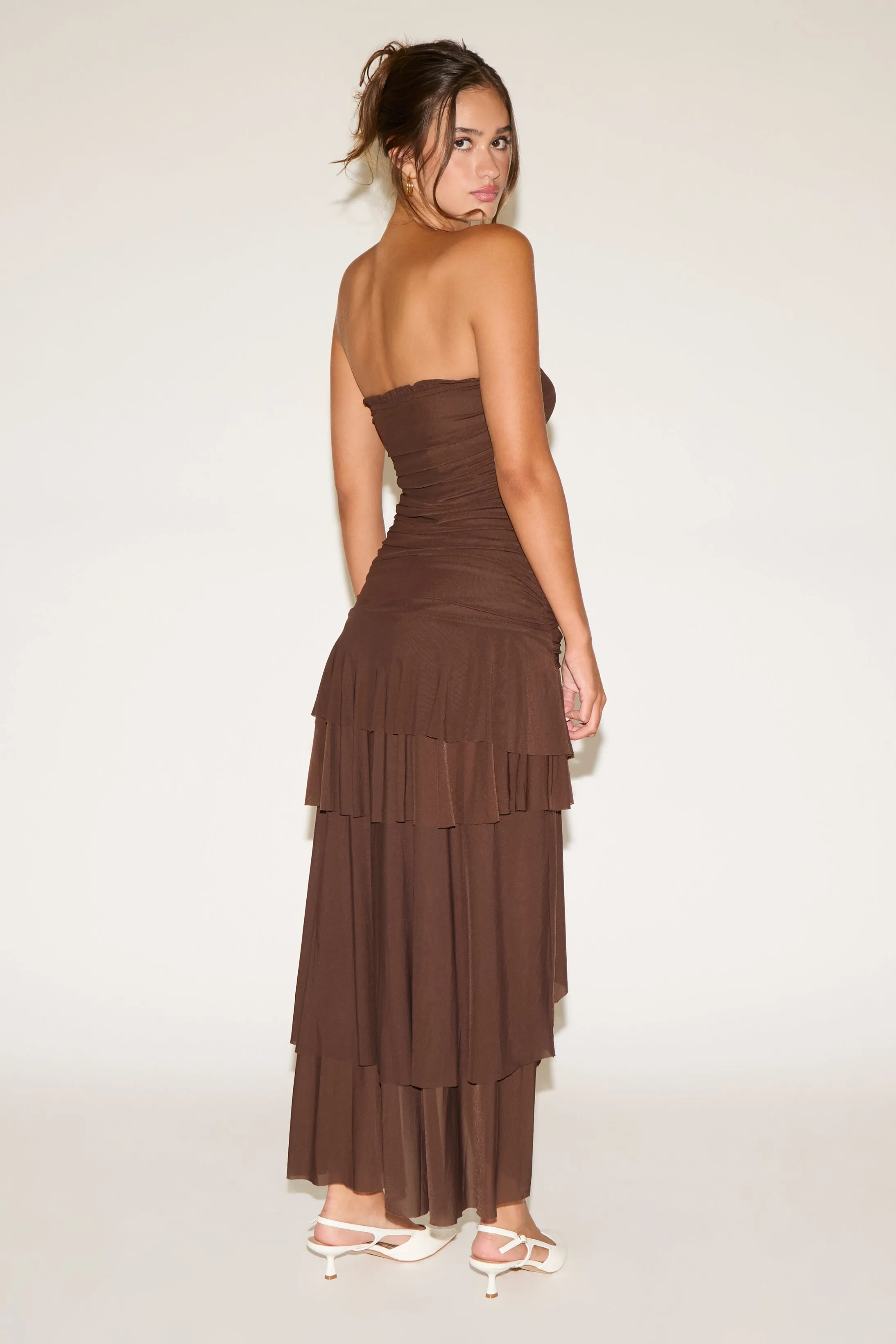 STRAPLESS RUCHED BODICE DROP WAIST RUFFLE MAXI DRESS Mid layer