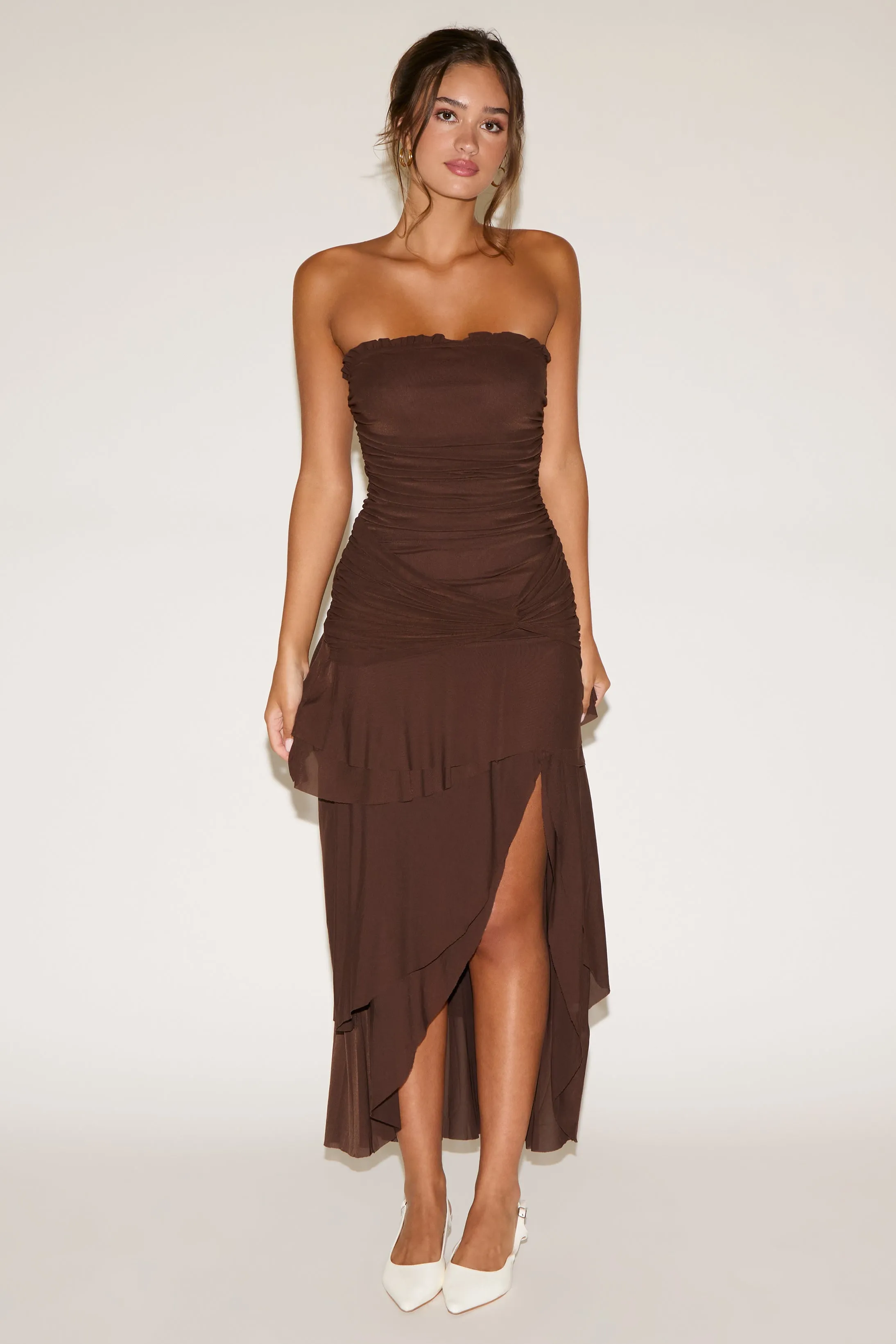 Event Safe STRAPLESS RUCHED BODICE DROP WAIST RUFFLE MAXI DRESS