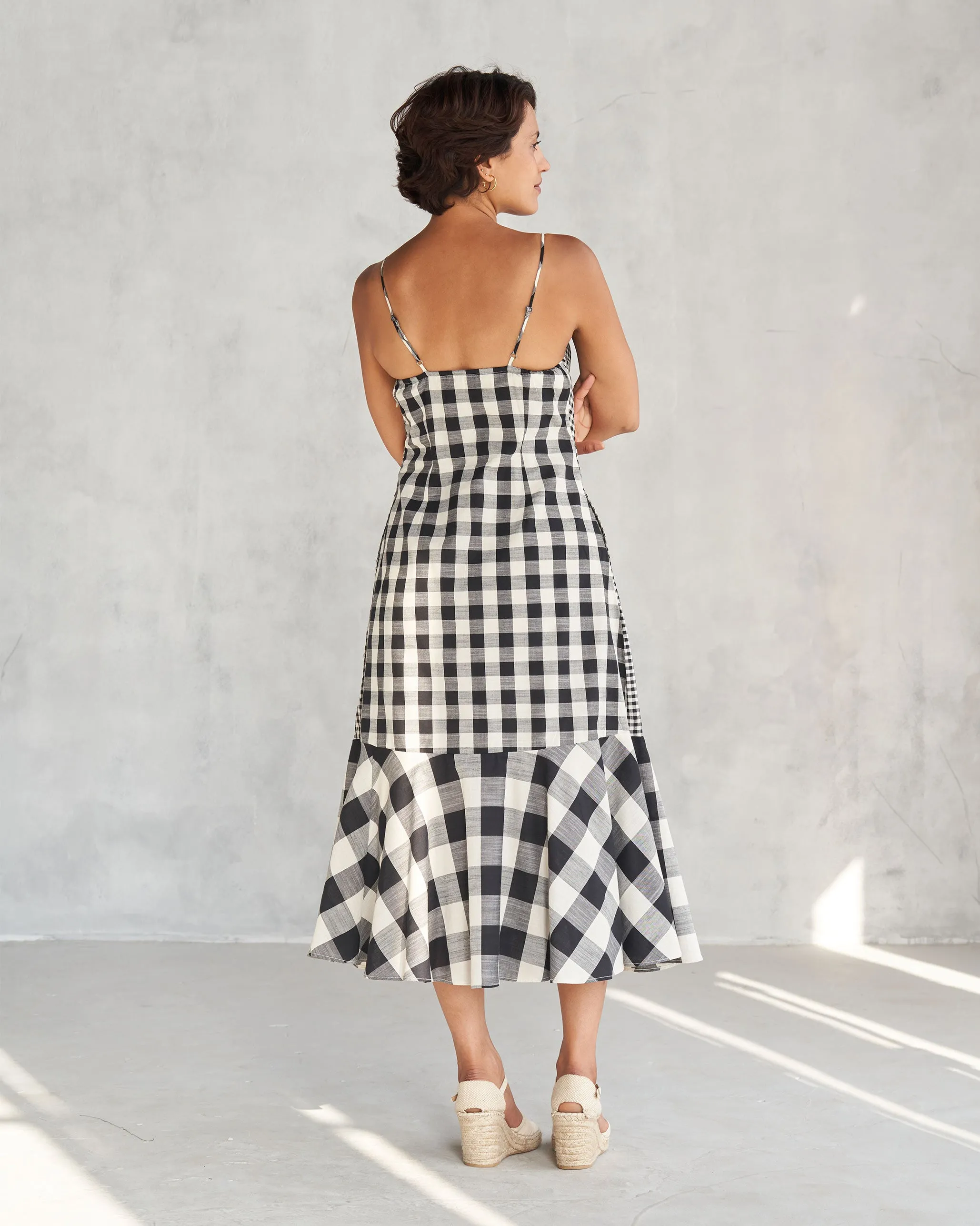 Strappy Tiered Dress - Ivory & Black Raw-Hem Dark Tones