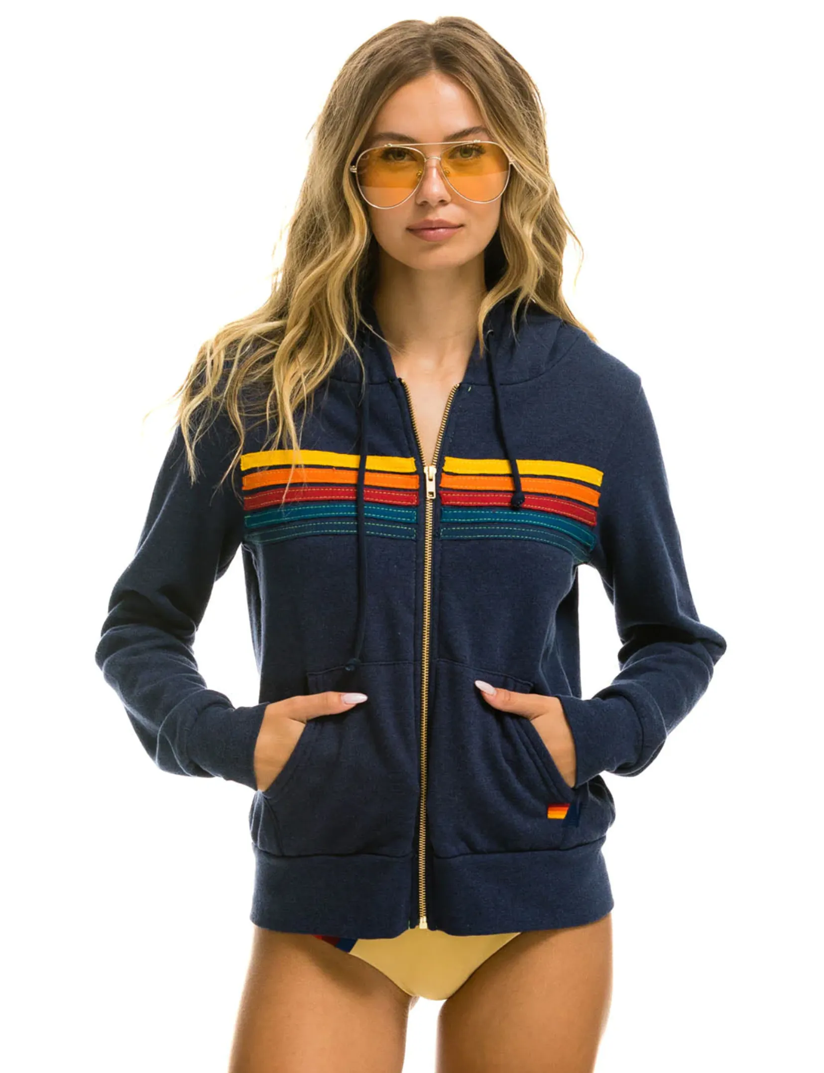 5 Stripe Zip Hoodie, Navy/Multi Anti Glare Trim QuiltedPattern