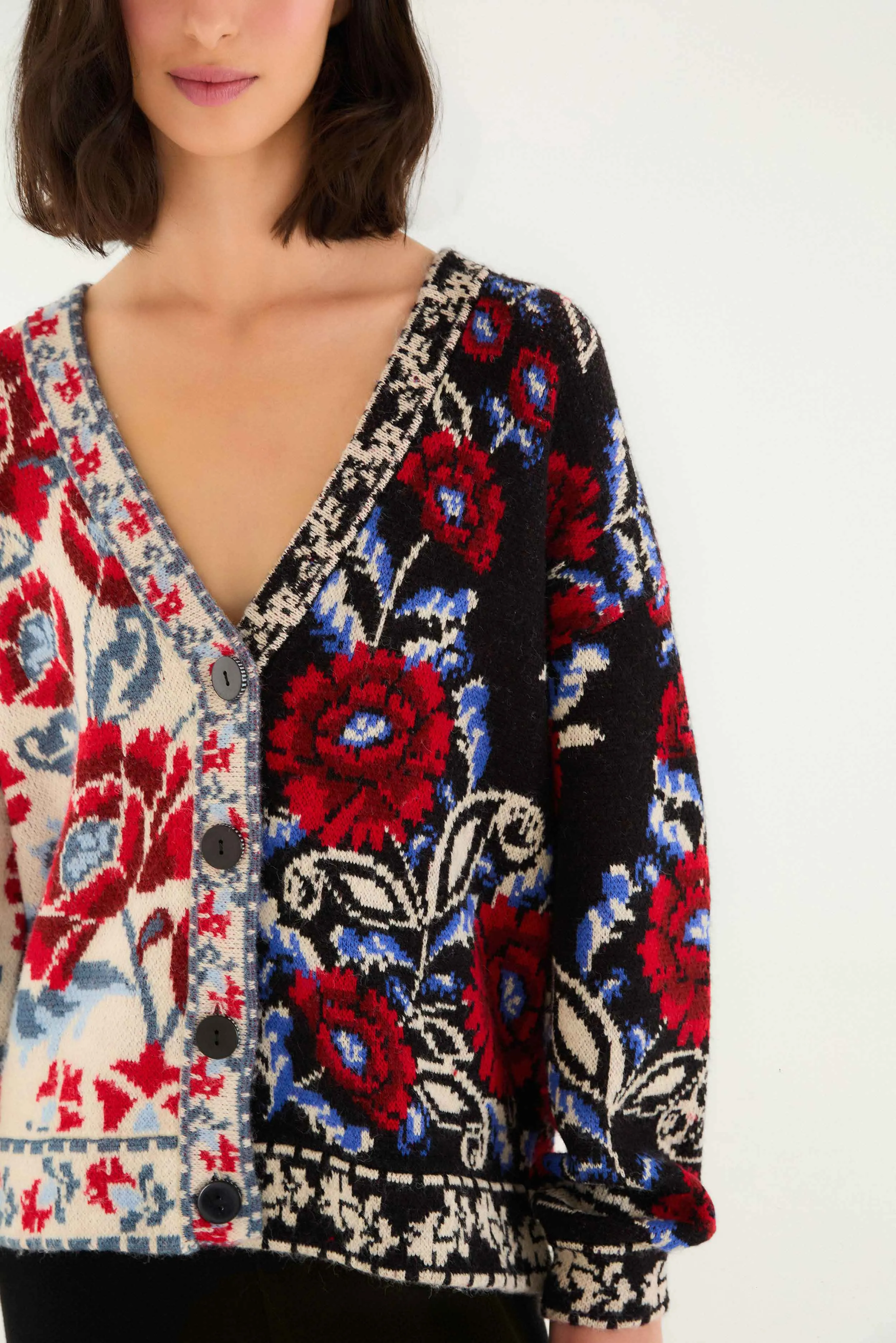 Soft Touch Brushed Surface Black Mixed Valentina V Neck Knit Cardigan