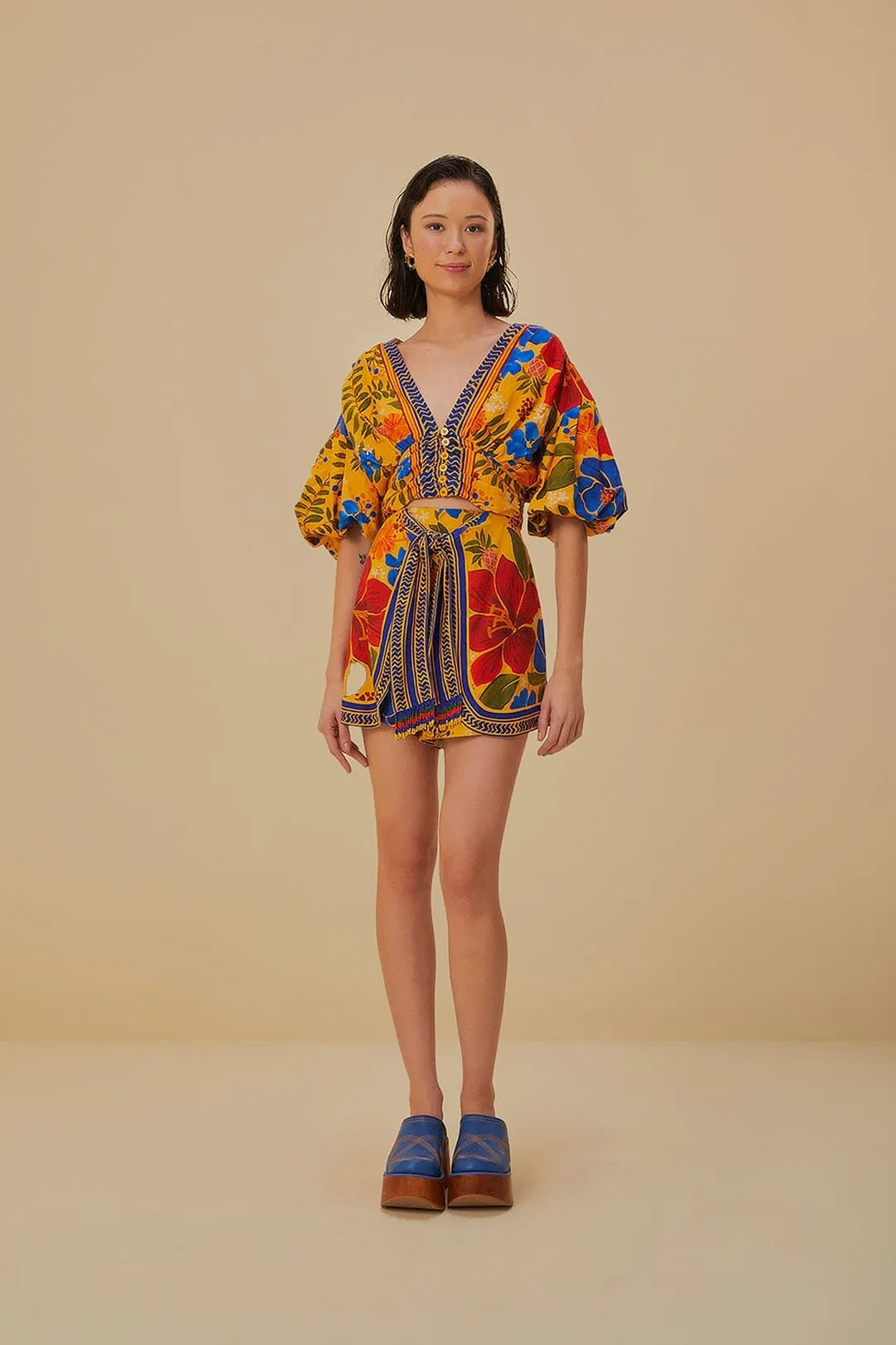 Yellow Floral Yard Lenzing? Ecovero? Euroflax? Shorts Odor Resistant Finish FoldableDesign