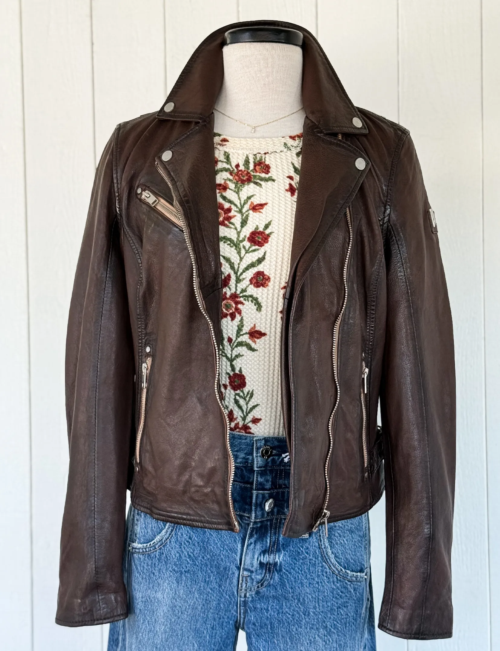 Sofia Leather Moto Jacket, Black/Brown Eco Friendly Coatings