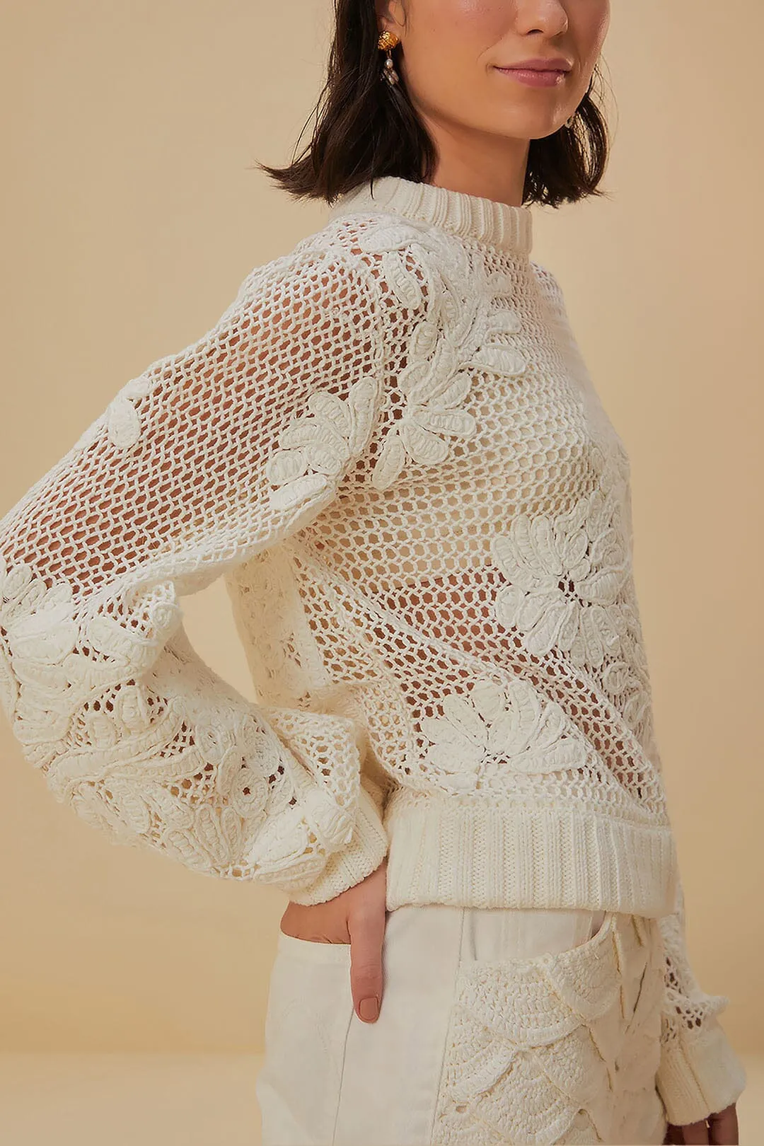 White Embroidered Knit Sweater Urban Fashion Zero Waste Production