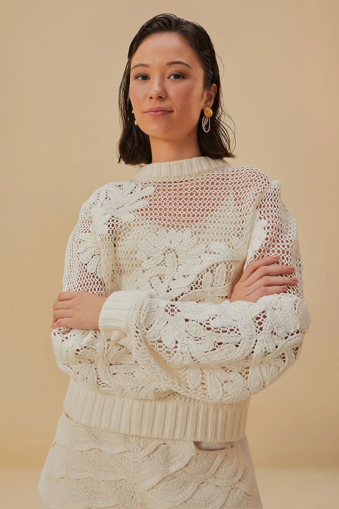 White Embroidered Knit Sweater Clean Silhouette
