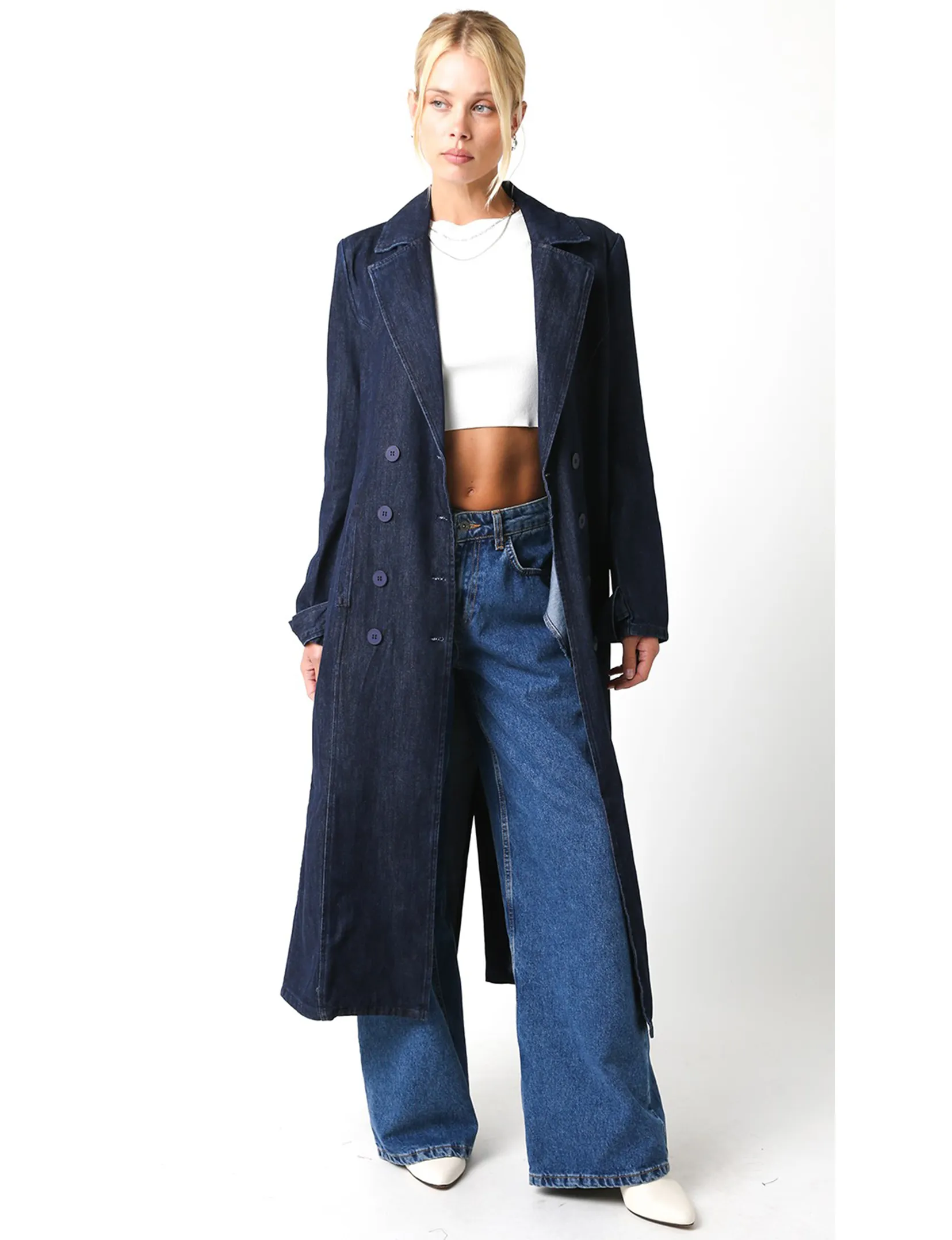Lindsey Denim Coat, Dark Denim Functional Piece Soft Lined Interior