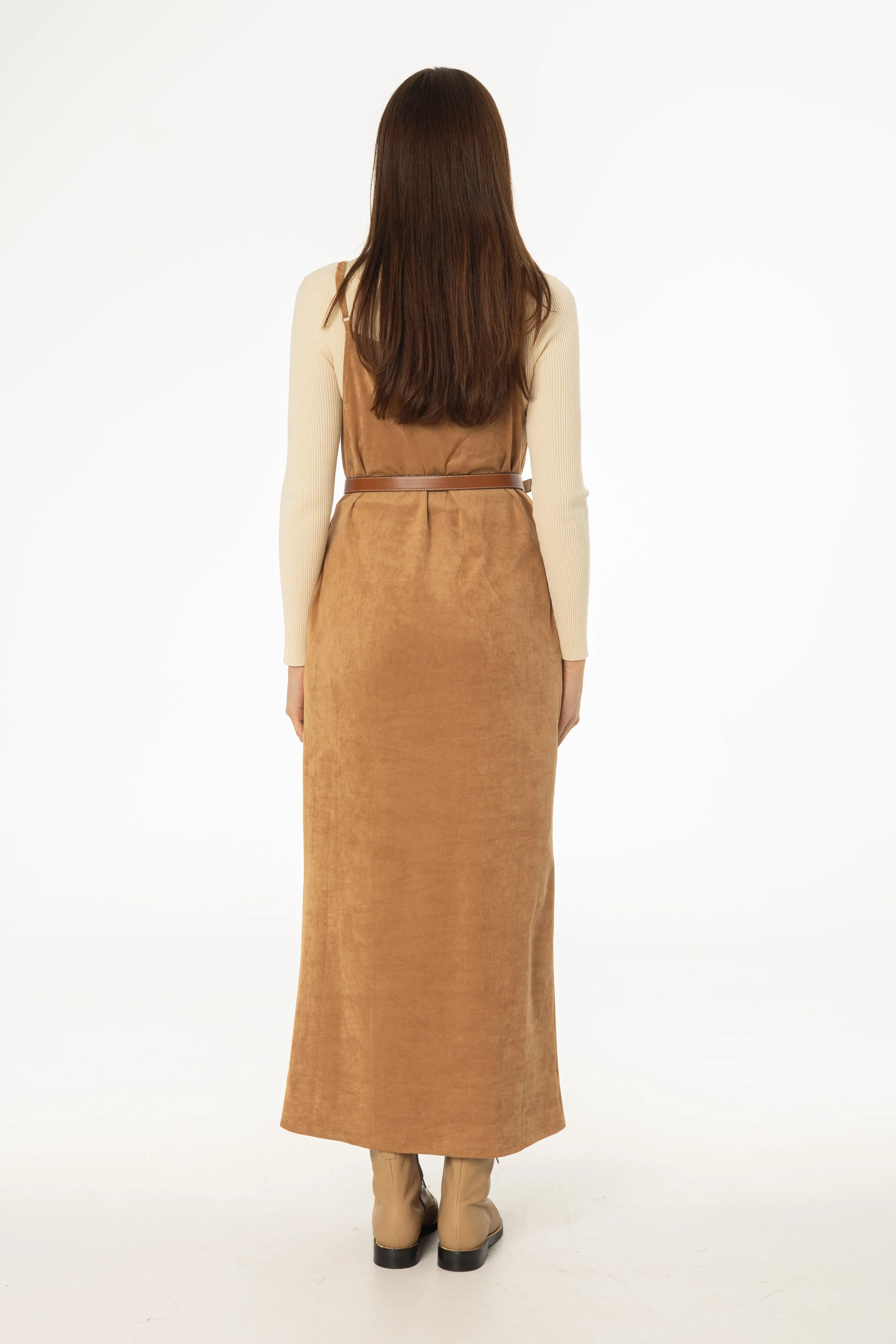 Natural Wrap Dress-Up Style Camel Microsuede Maxi Jumper