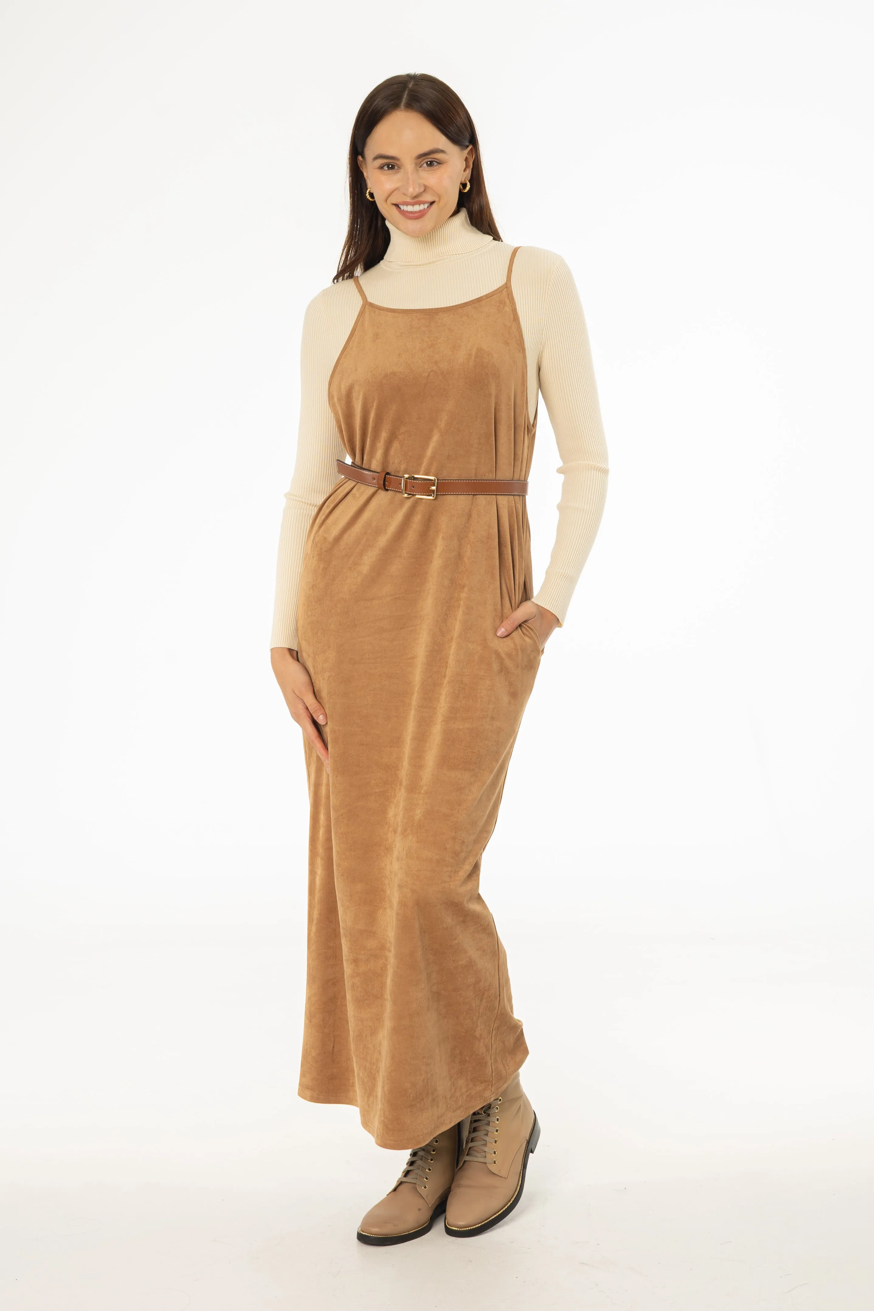 Sister Charm Relaxed Waistband Camel Microsuede Maxi Jumper