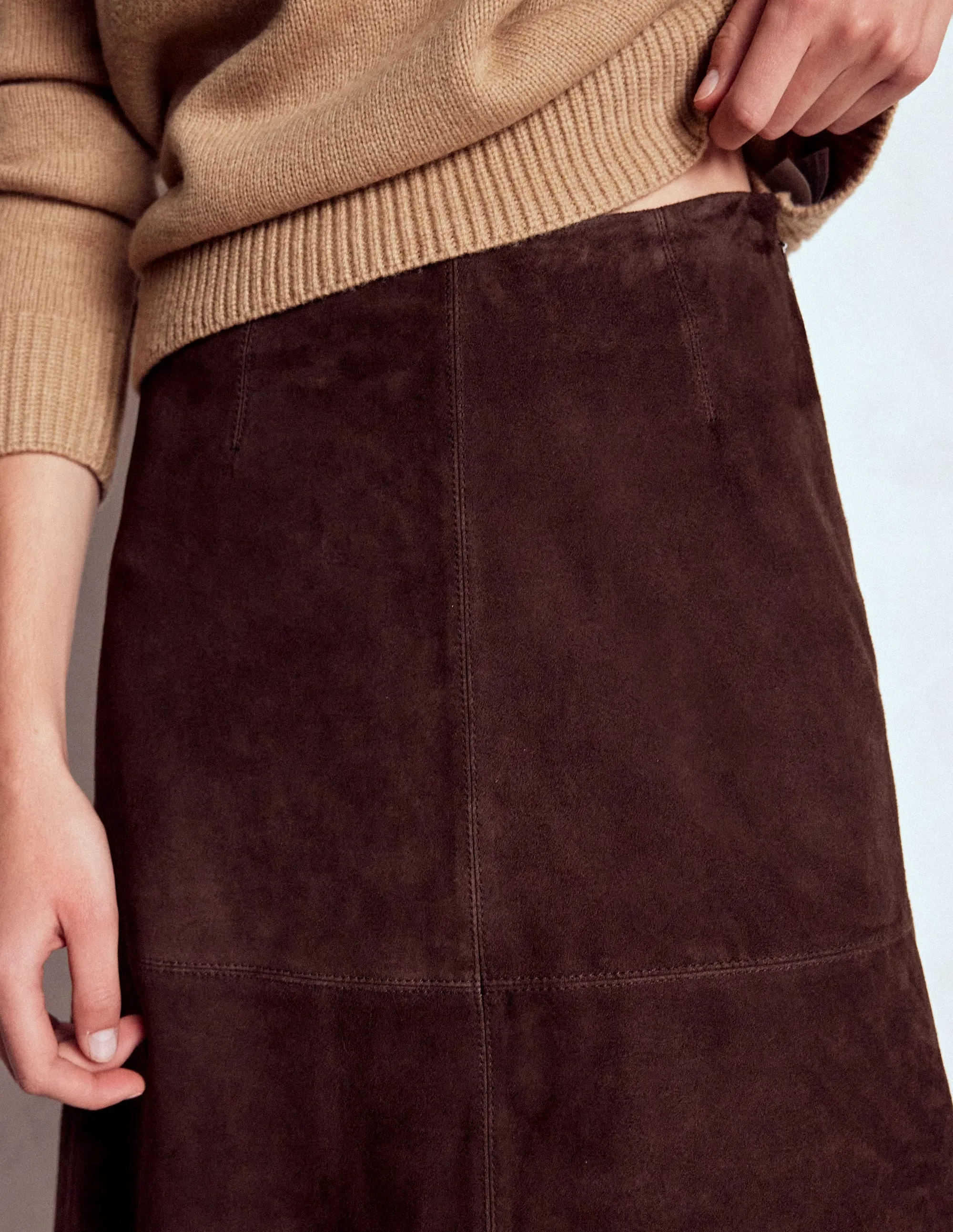 Suede Midi Skirt-Dark Chocolate elastic waistband