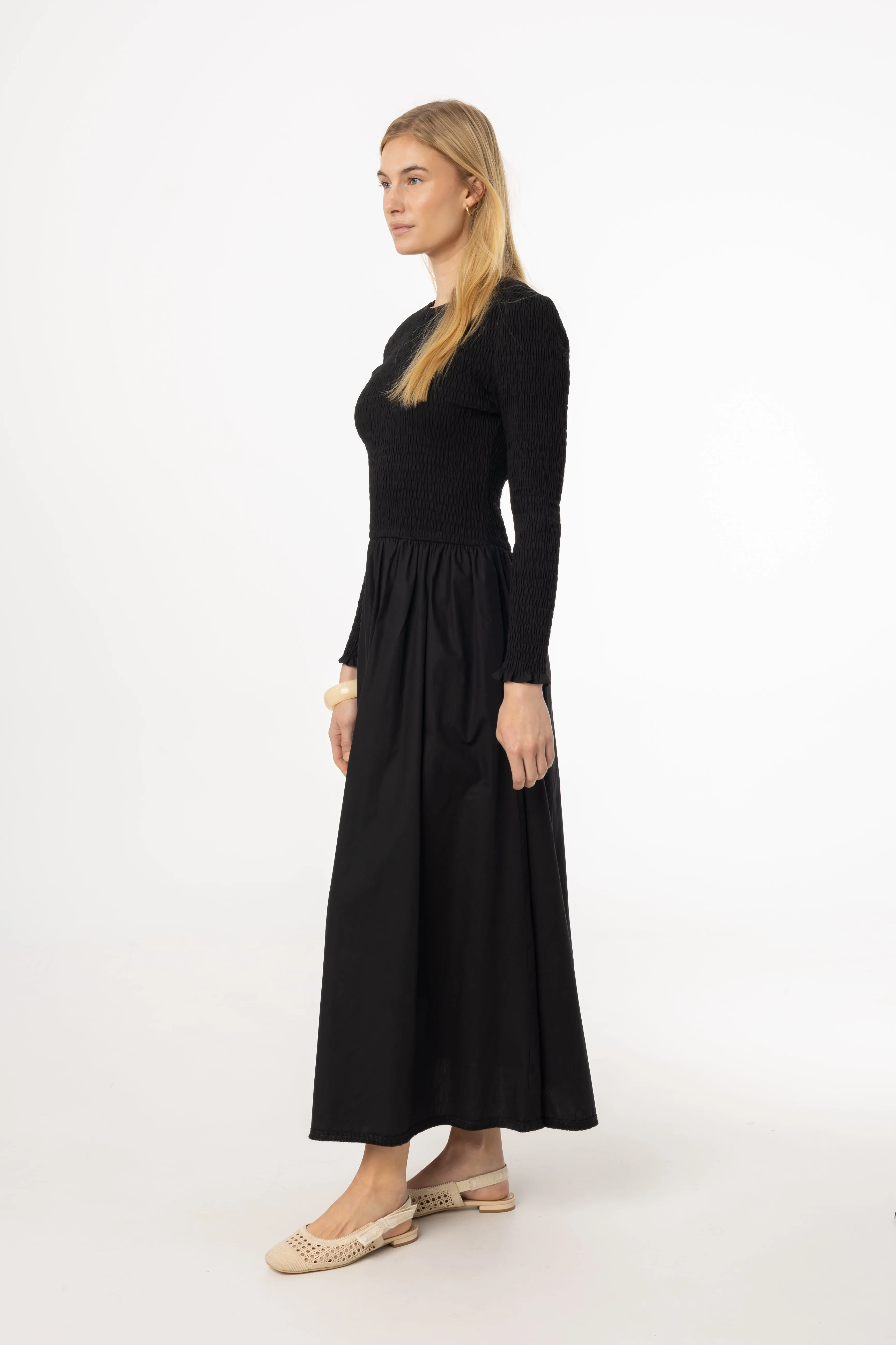 Black Smocked Cotton Maxi Dress Versatile Fit