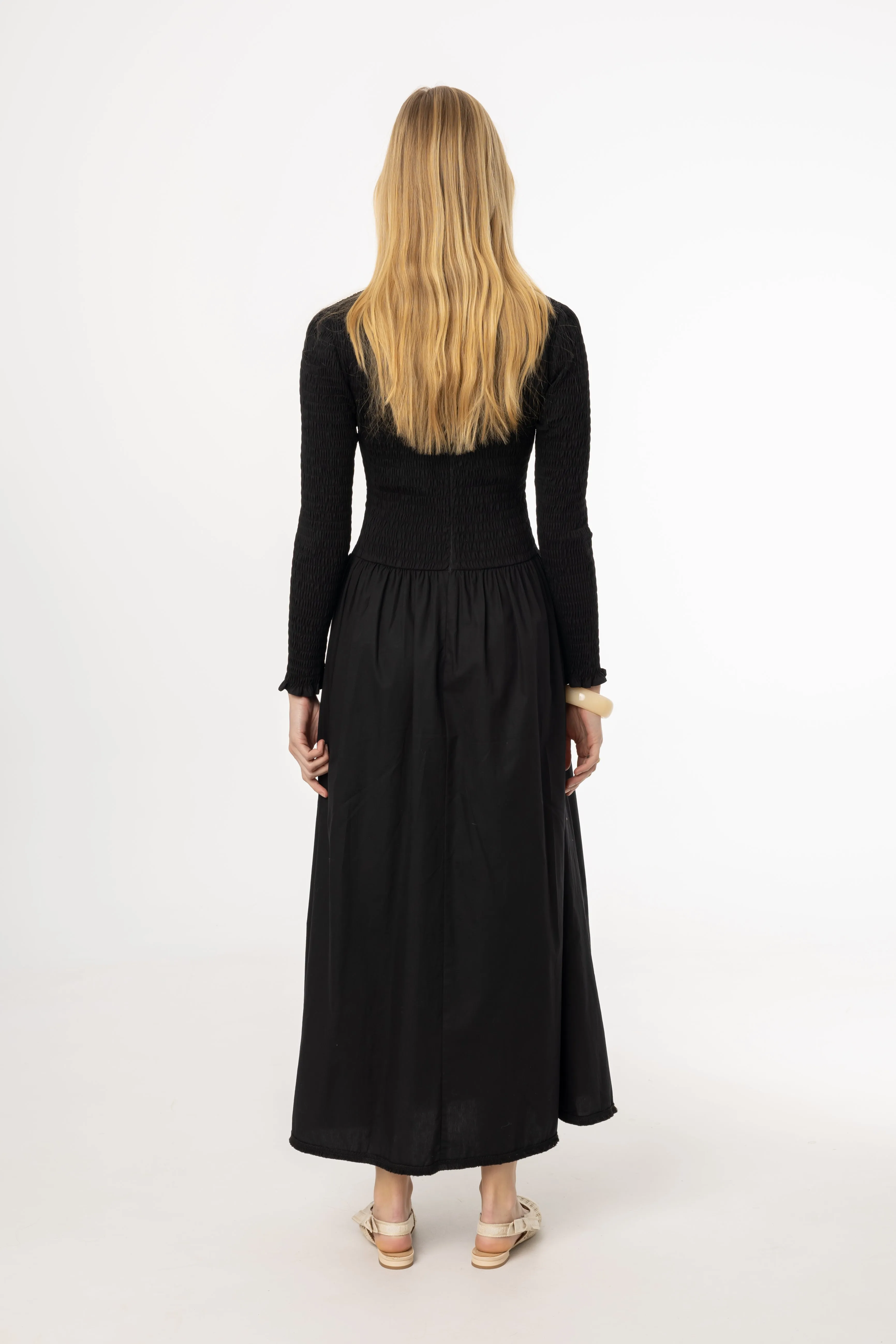 Black Smocked Cotton Maxi Dress Fresh Stitch