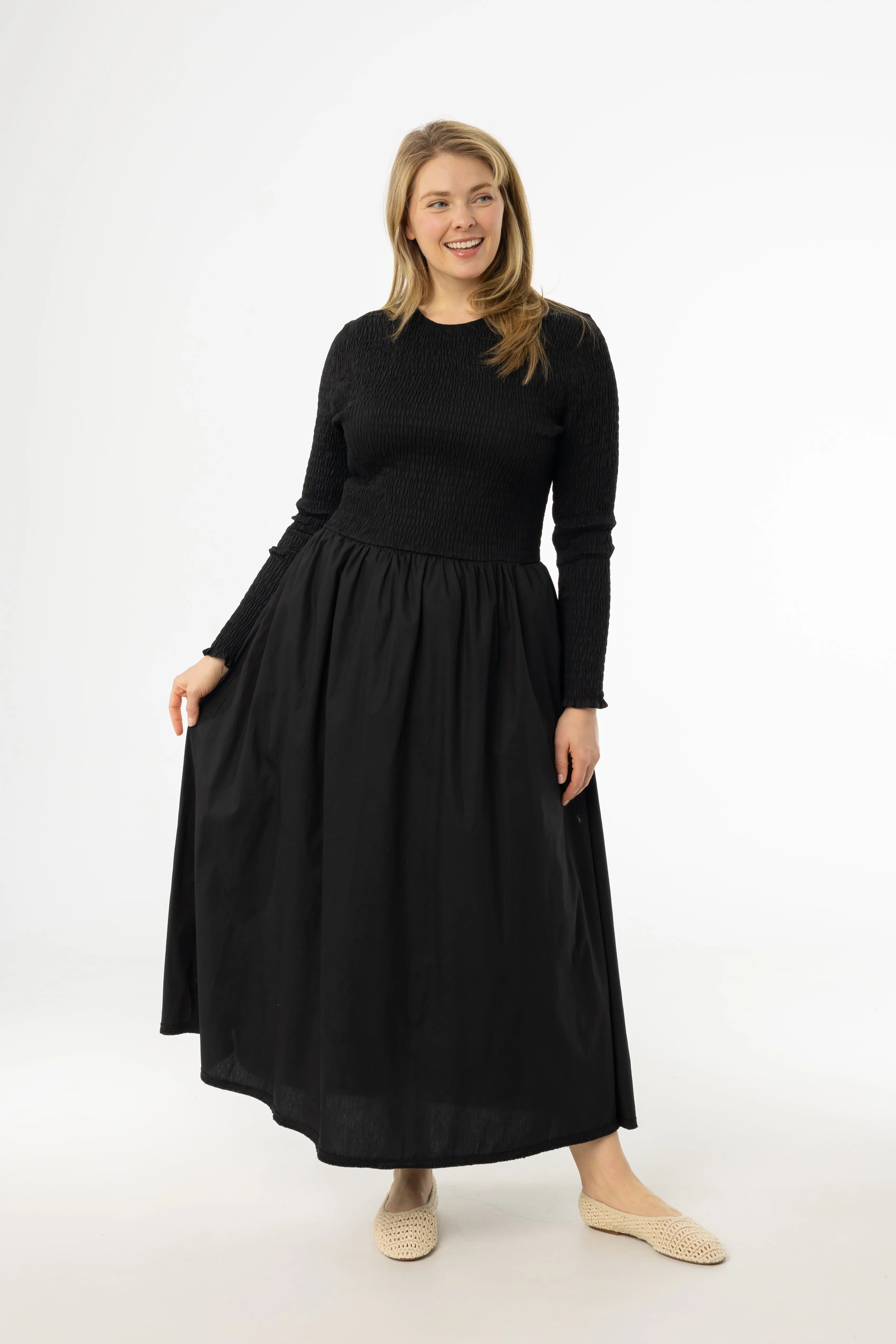 Black Smocked Cotton Maxi Dress Nordic Calm