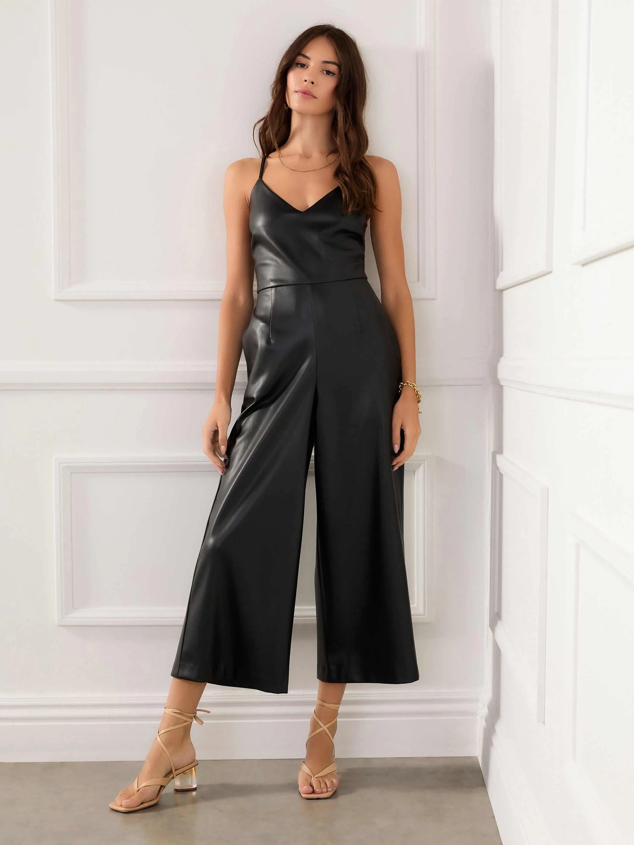 Tassel-Detail Sunset Hour Faux Leather Cropped Jumpsuit