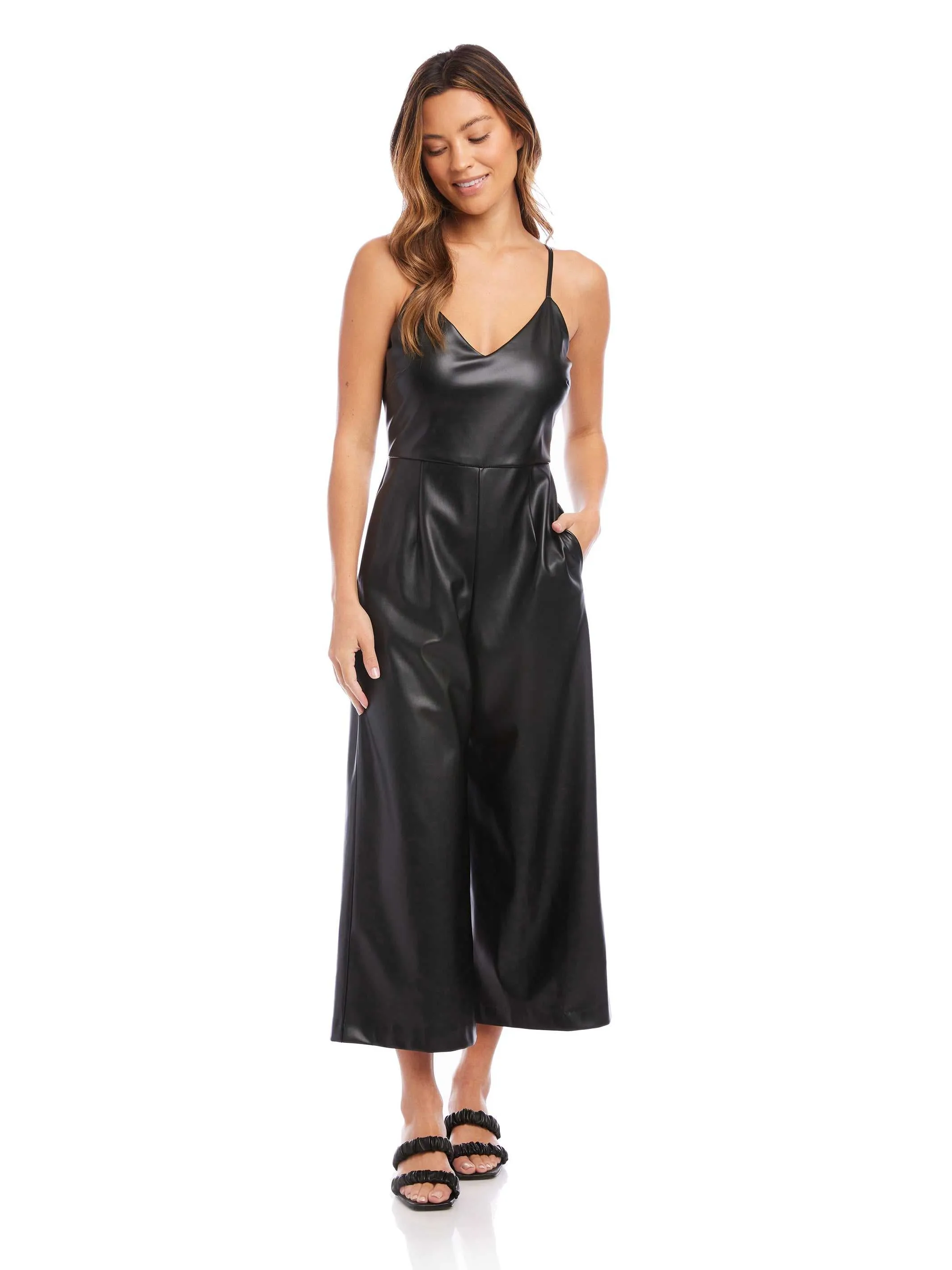 Faux Leather Cropped Jumpsuit Breathable-Lining