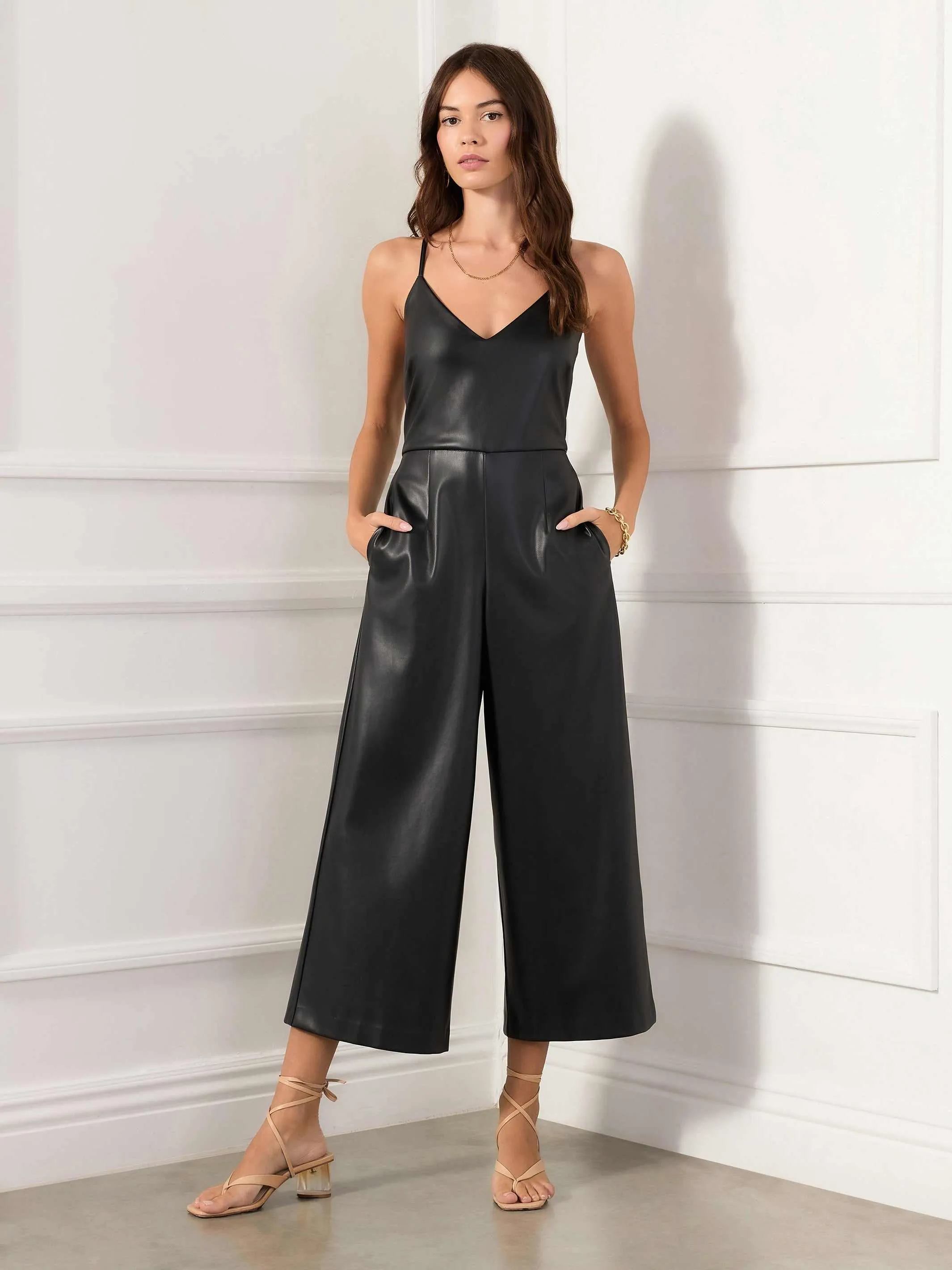 Delicate Finish Faux Leather Cropped Jumpsuit