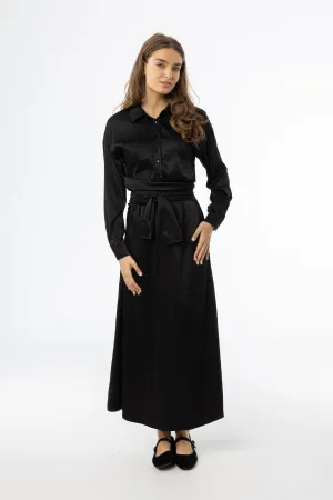 BreathableFabric Ruffle Hem Black Tie Silk Dress