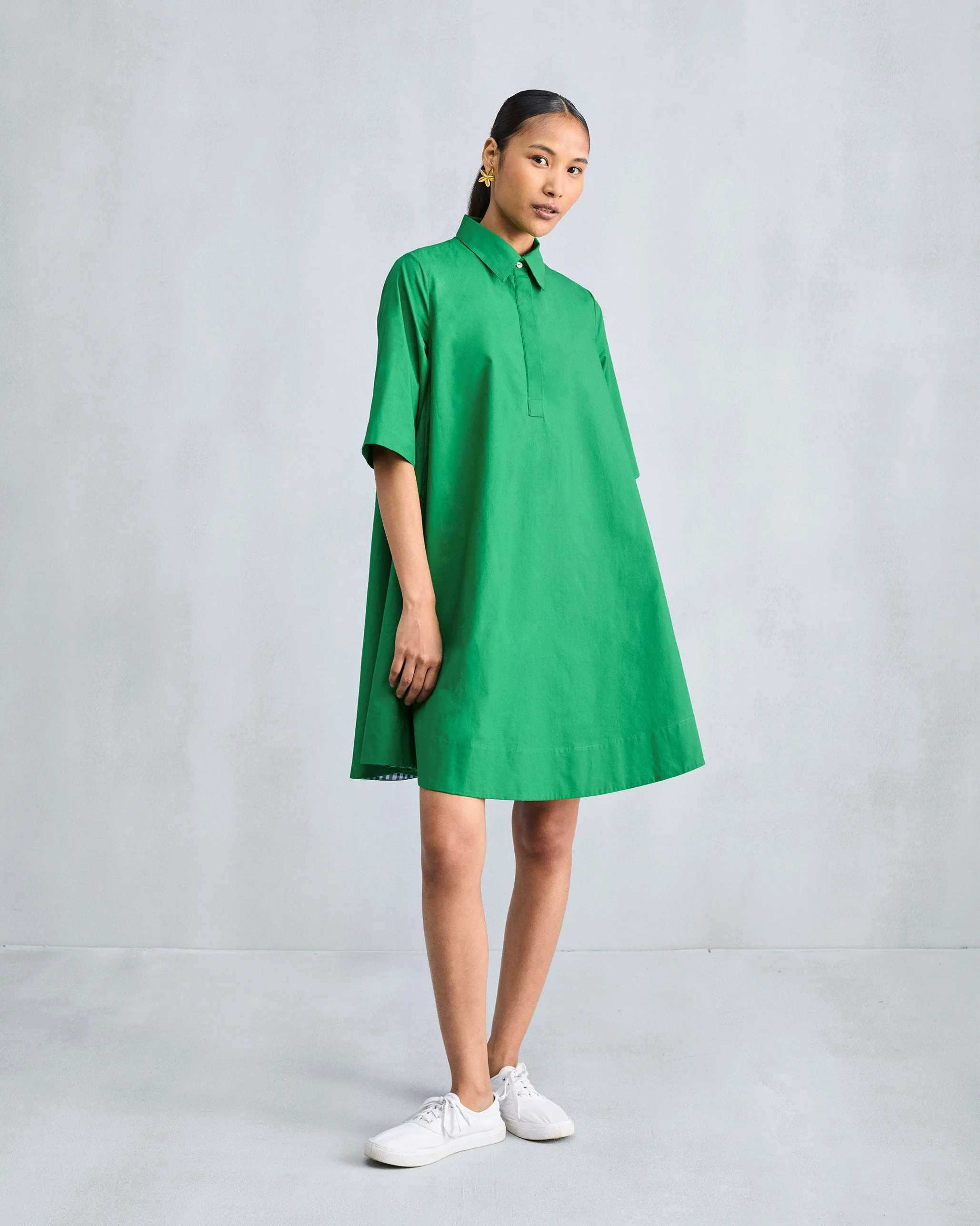 A-line Short Dress - Green Contrast-Piping Comfortable and Soft